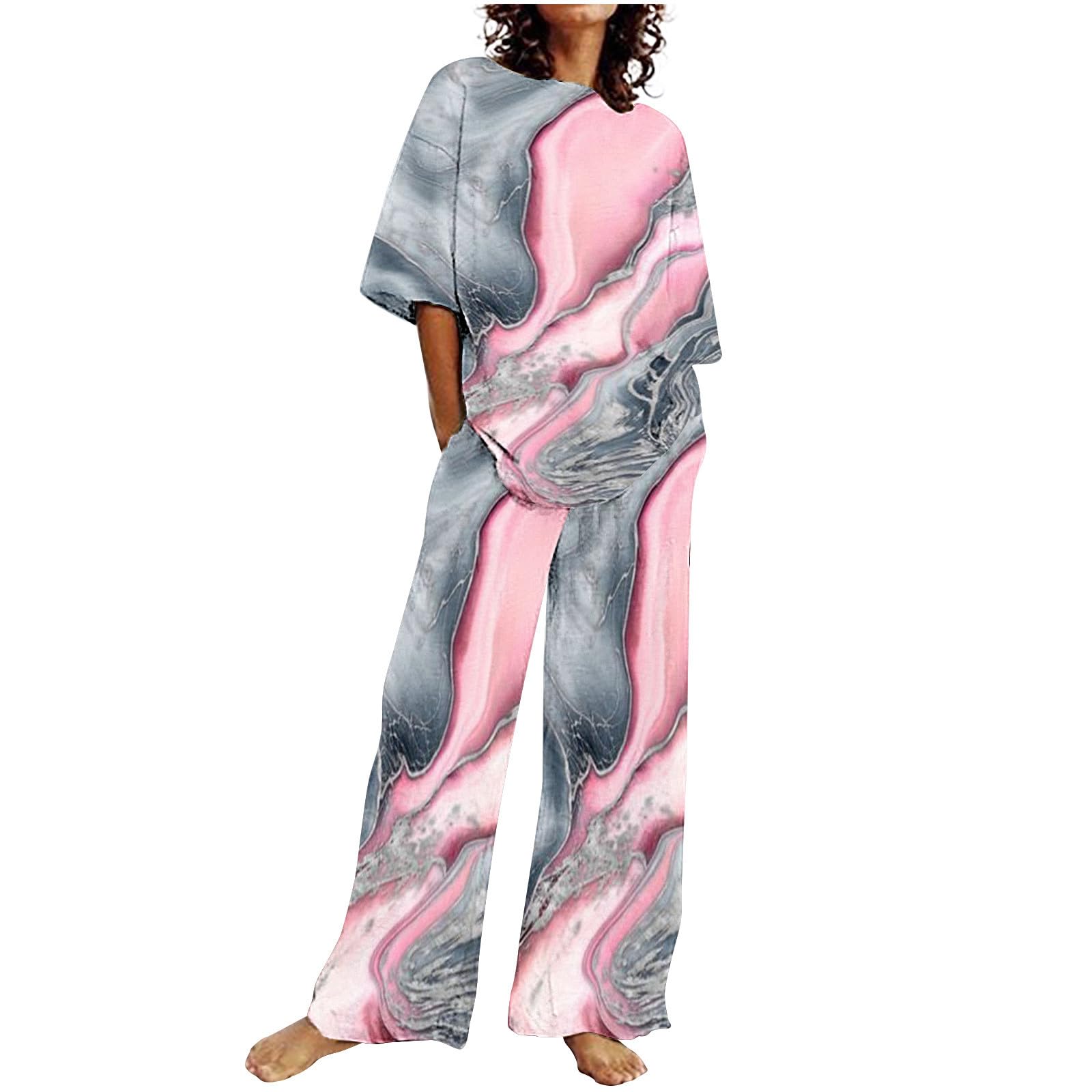 NUSGEAR Conjunto Dos Piezas Mujer Casual Algodón Lino Camiseta manga corta y Pantalones verano otoño Deportivo Suelto Traje Cómodo Conjunto Casa Moda Color sólido Chandal ligera Talla grande 2024