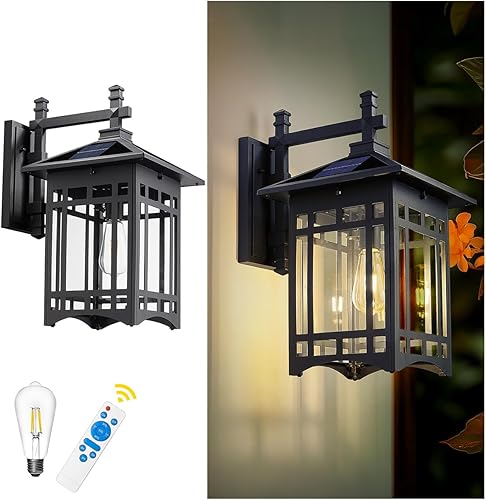 Emliviar XE309BL SL BK - Lámpara de pared solar de 20 pulgadas, iluminación al aire libre negra del atardecer al amanecer con control remoto,