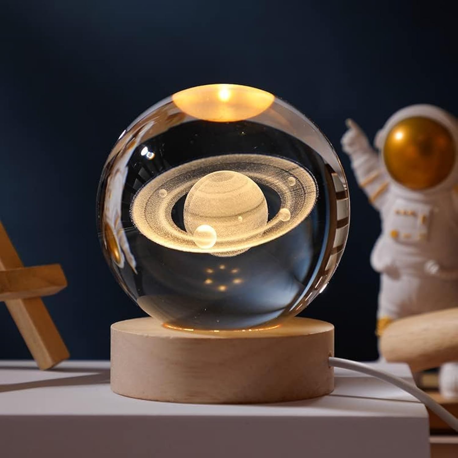 Desidiya 3D Saturn Crystal Ball Night Lamp, Crystal Ball Night Light, Corded Electric Table Colorful LED 2.4 Inch Wooden Base Lamp for Home Decoration Birthday Gift for Teens Boys and Girls