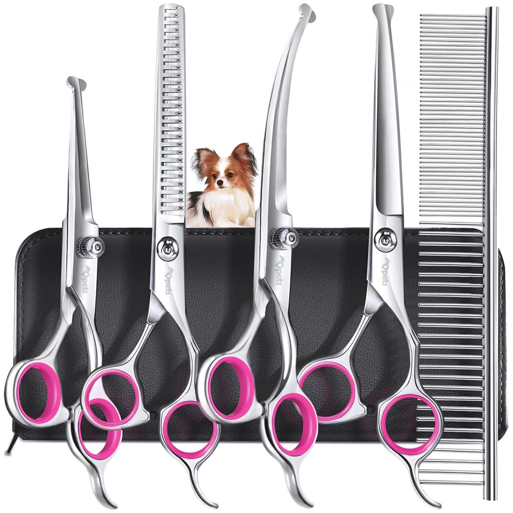 Qpets® Dog Grooming Kit 5 Pack, Stainless Steel Dog Trimmer Kit, Pet Grooming Scissors Set with Grooming Comb, Cutting Scissors Thinning Shear Curved Scissors, Grooming Hair for Small Large Dog Cat-image-46