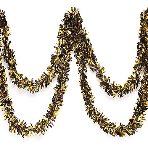 Anderson's Black & Gold Metallic Tinsel Twist for Trailer Or Golf Cart, 4 inches Wide x 25 ft Long, Christmas, Birthday, Halloween, Graduation and Holiday Garland Decor for Parties and Parades