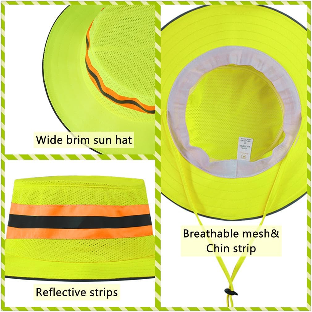 High Visibility Reflective Sun Hat Mesh Work Safety Boonie Hat UPF50+ Wide Brim Bucket Cap for Outdoor Hiking Men Women - Image 3