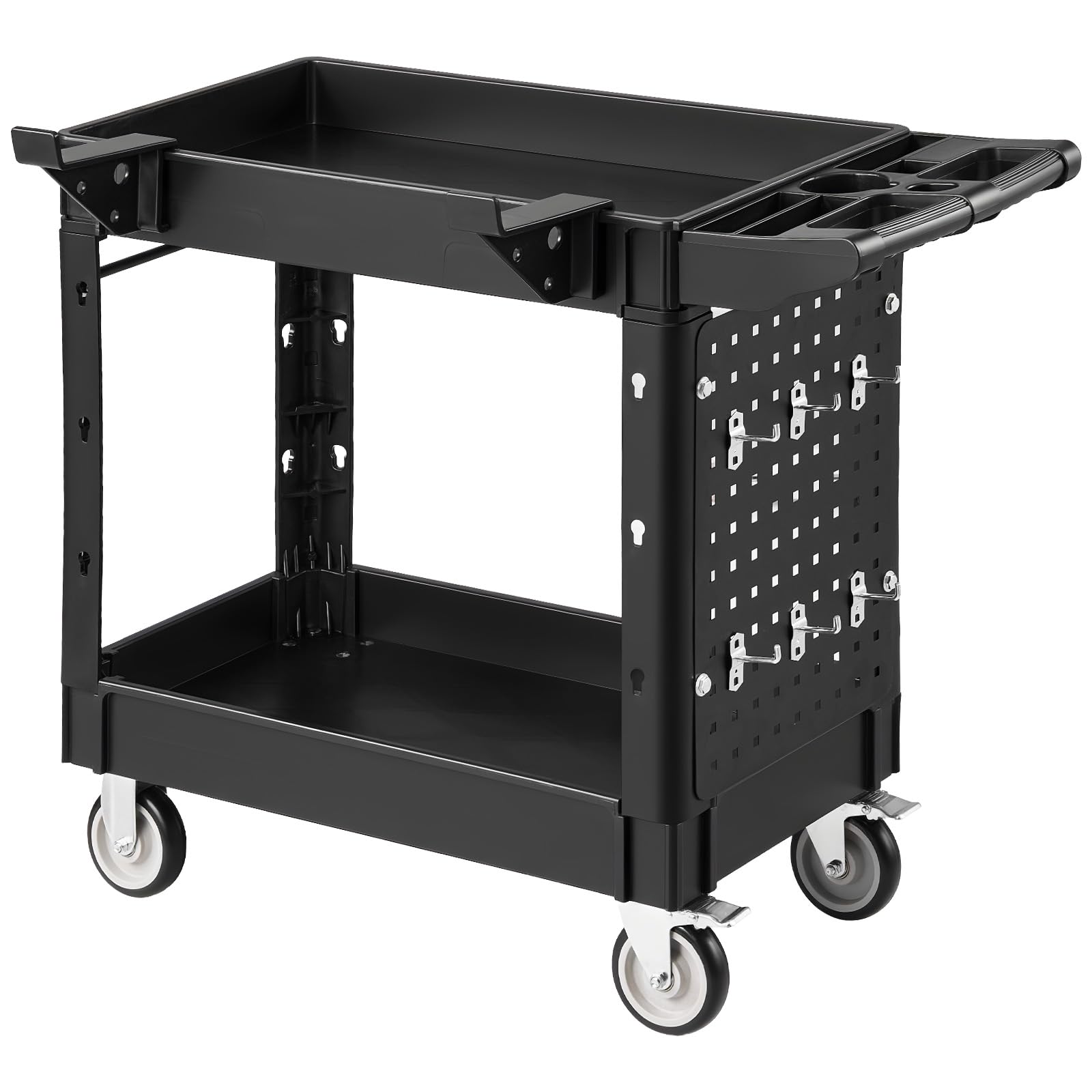 VEVOR Carrello di Servizio Portata 250kg 2 Ripiani Ruote Girevoli con Freno, Carrello Officina, Ruote Fisse con Freno, Struttura in Plastica Resistente con Vassoio e Pannello Forato, per Magazzino