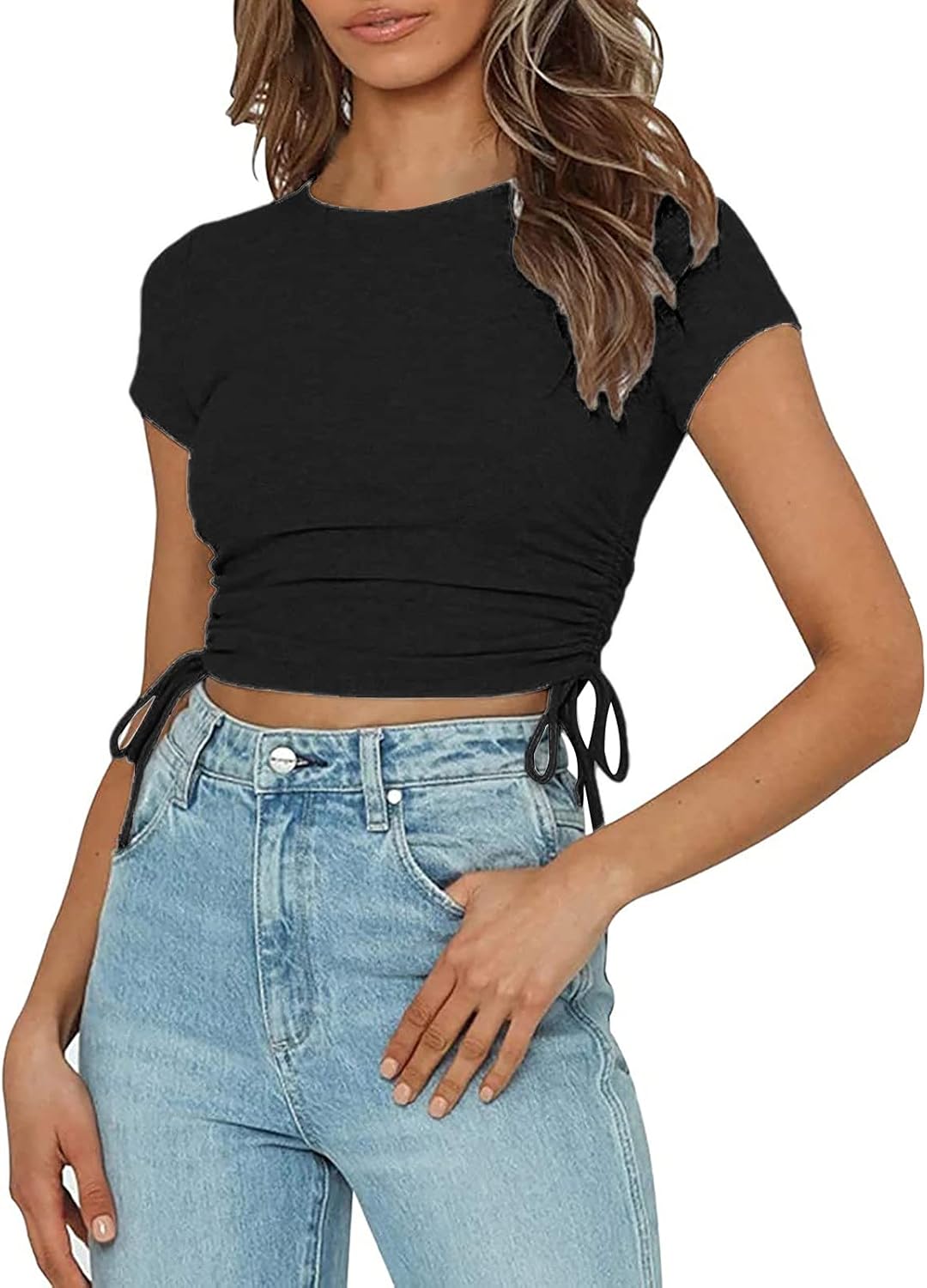 BaoDan Drawstring Hem Slim Shirt Top Crop Tops Plain T Shirt Crop
