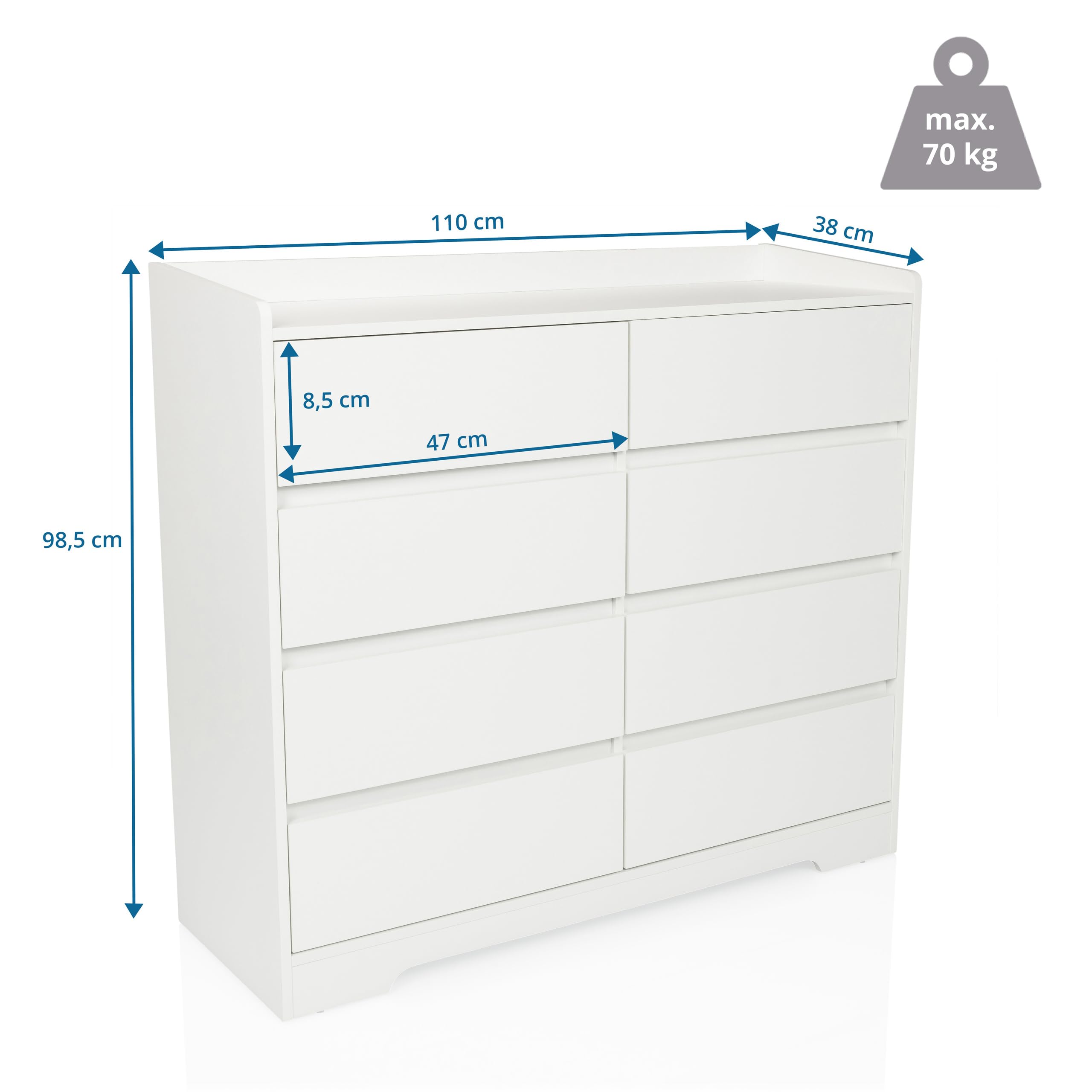 Cassettiera con 8 cassetti OSOYRO 110x38x98,5 cm credenza per Soggiorno Camera da Letto corridoio, Senza Maniglie, Bianco