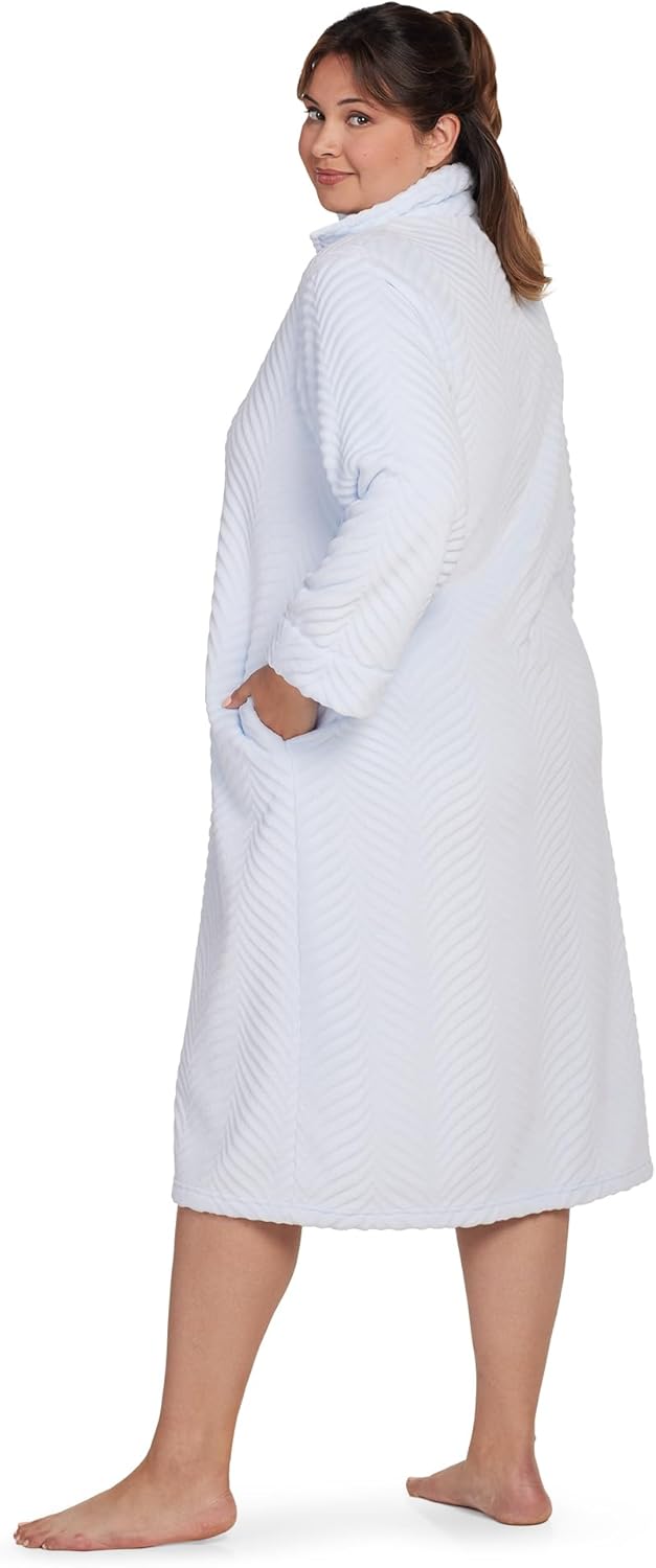 Miss Elaine Women's Long Fleece Robe, Long Sleeves and Zipper Front Closure, Collared Neck with Side Pockets