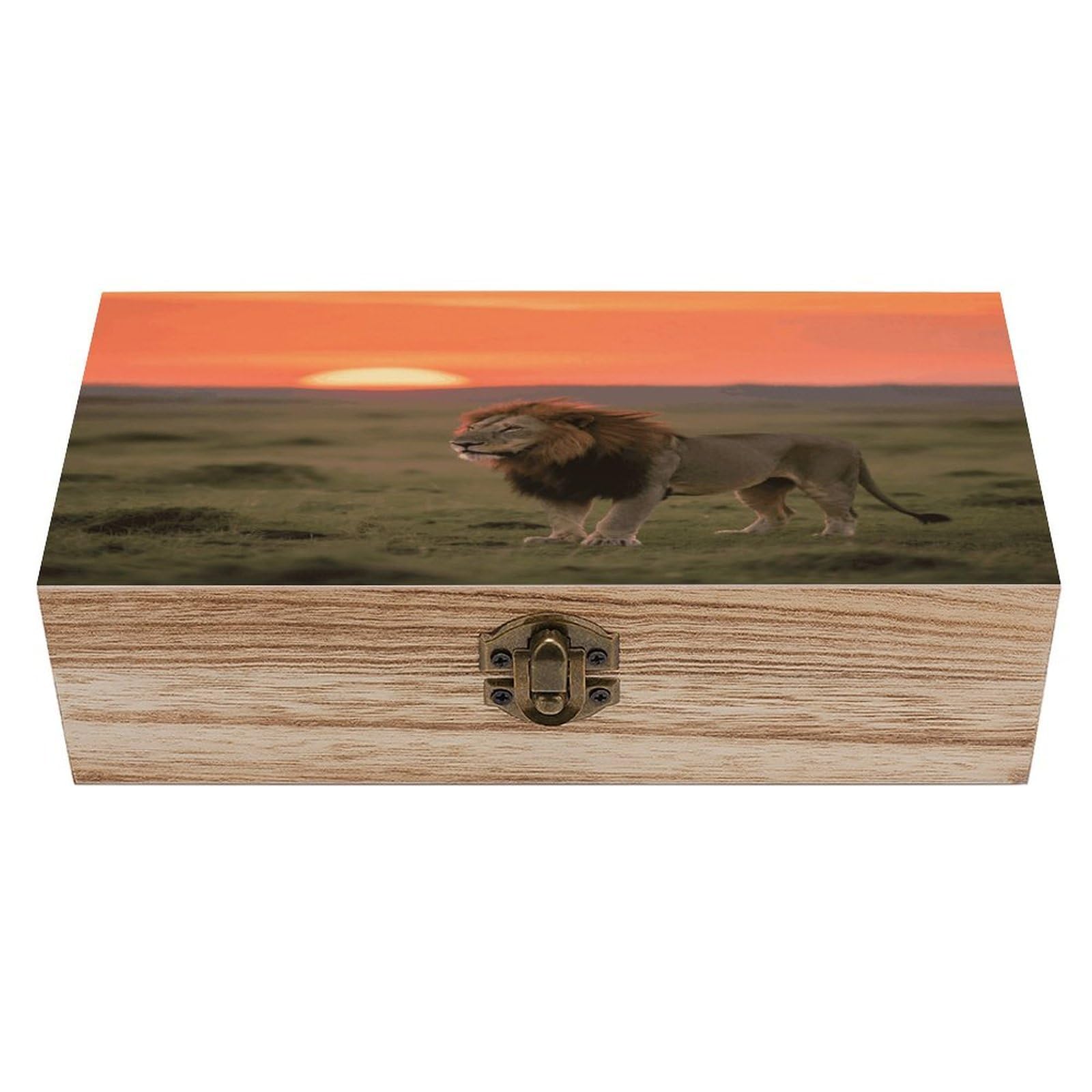 VstaDank Lion on African Savannah Wooden Storage Box Vintage Style Wooden Storage Case with A Hinged Lid Memory Treasure Boxes Decorative Jewelny Photos for Organizer 7.9 * 3.7 * 2.3 Inch