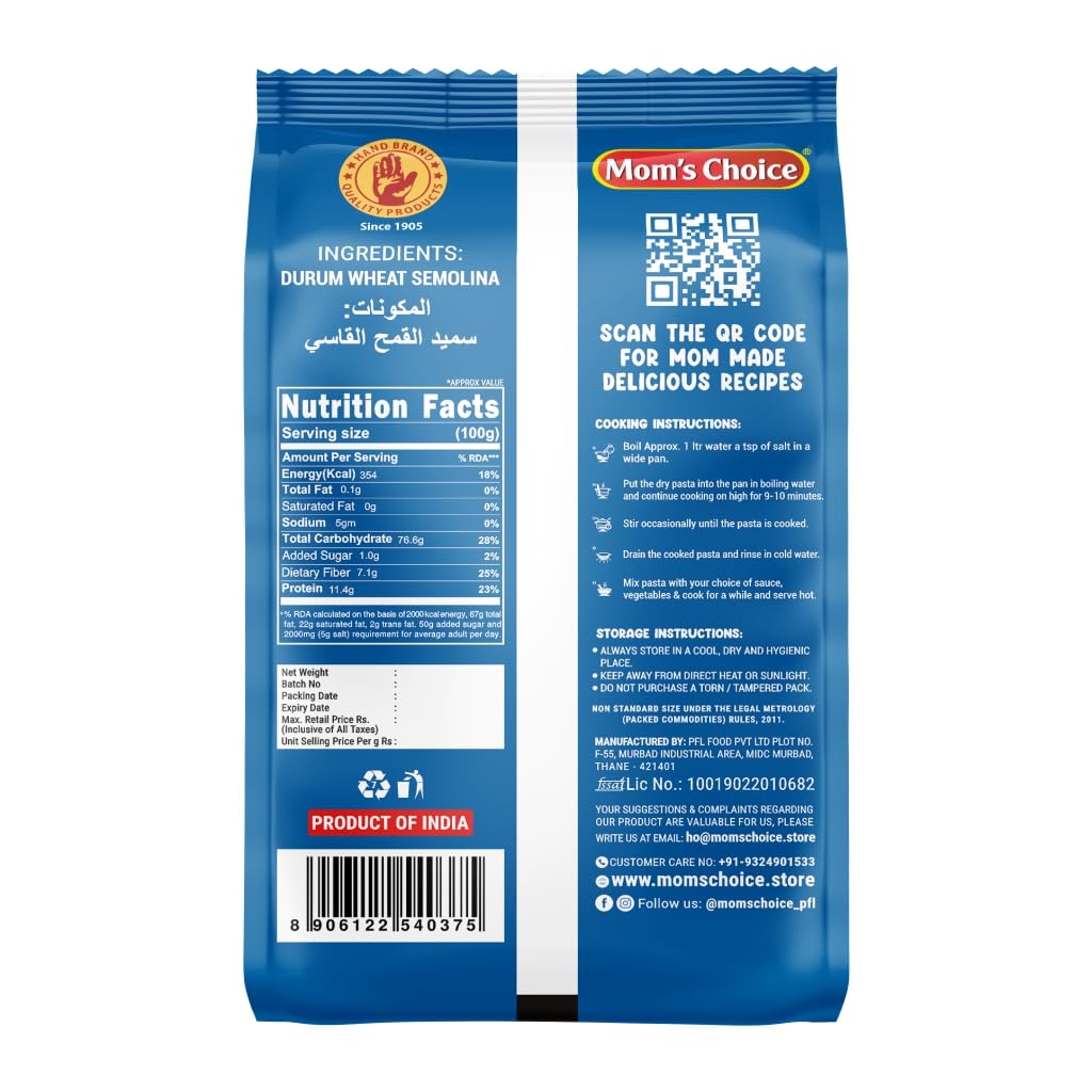 Mom’s Choice Durum Wheat Elbow Pasta | 100% Durum Wheat Semolina (Suji) | 0% Maida | High Fiber | Source of Protein | Cholesterol Free | Healthy Pasta | Non-Sticky | Easy to Cook | 400g | Pack of 3 1