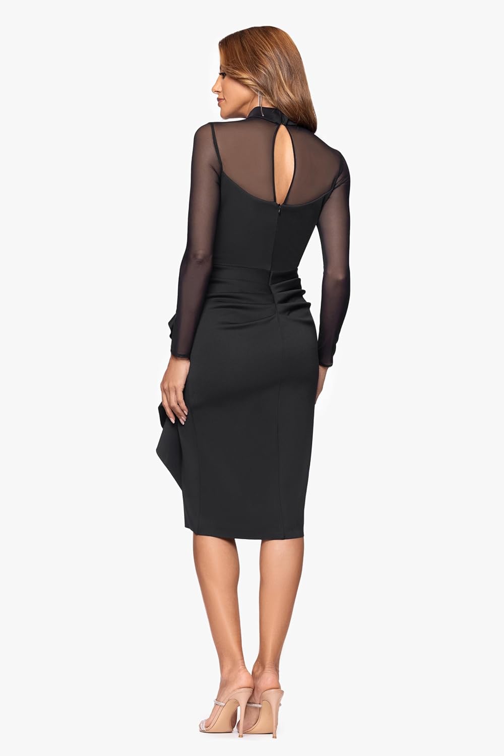 Xscape Women's Techno Scuba Illusion Neck Mesh Sleeve Ruched Midi Dress