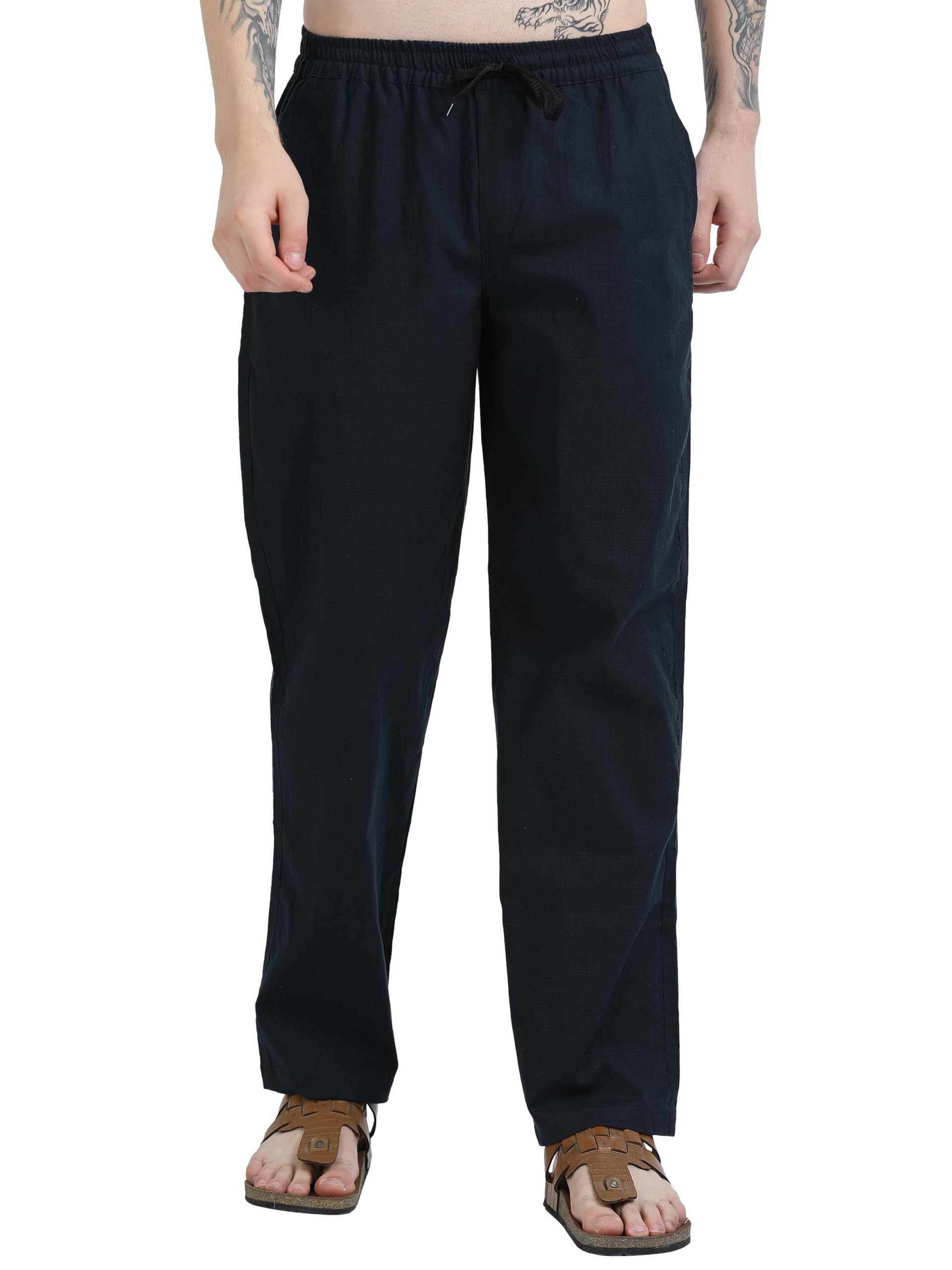 Mens Linen Lycra Comfort Pants | Breathable Elastic Waist Trousers with Drawstring |Casual Travel & Lounge Wear-image-33