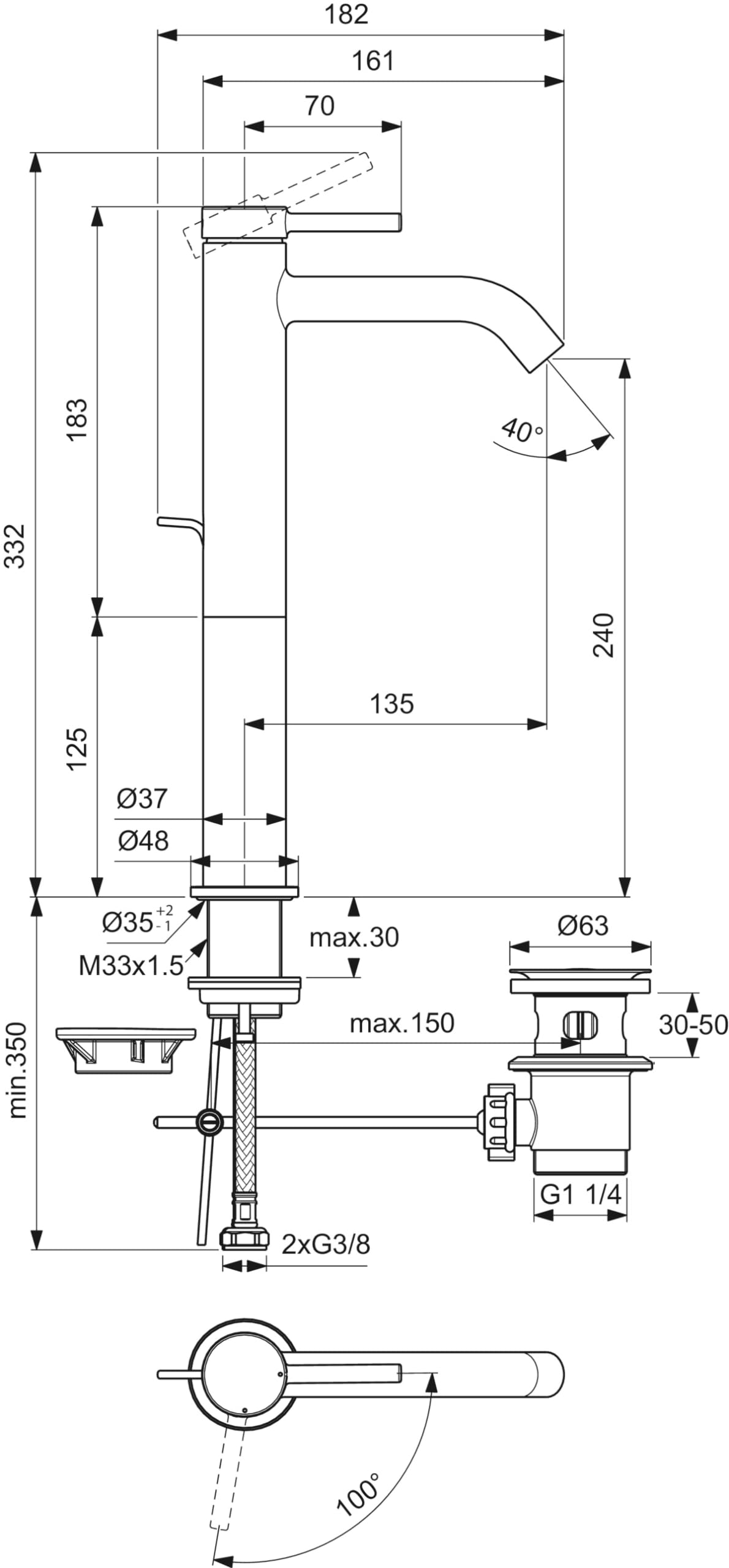 Ideal Standard - Ceraline, Miscelatore monocomando alto, Rubinetto lavabo vessel con cartuccia FirmaFlow, Con asta di comando e piletta, Sistema BlueStart, Easyfix, Nero seta