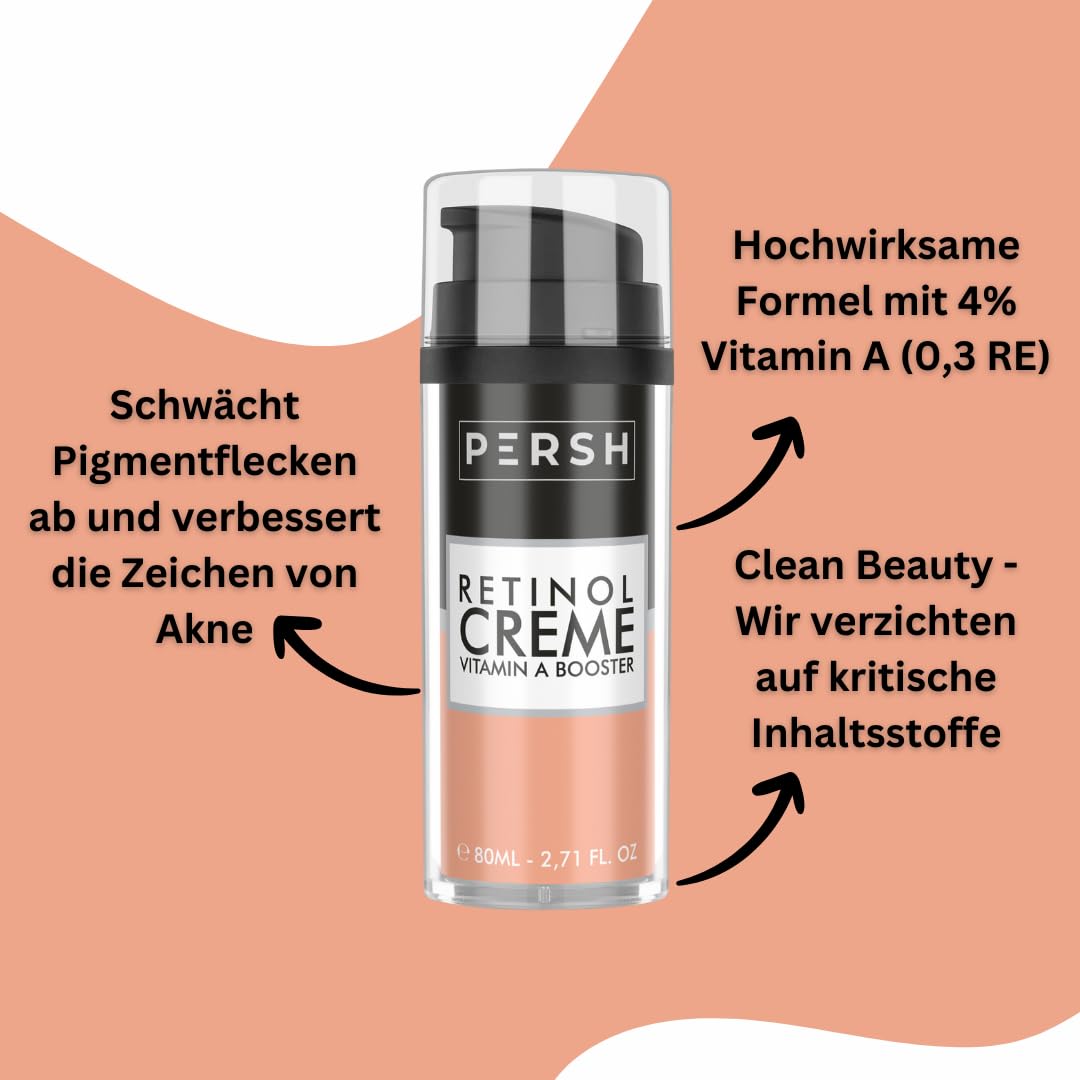PERSH Retinol Creme 80ml - 4% Vitamin A - Hochwirksame Anti-Aging Formel | Hautglättend & Kollagenfördernd | Vegan & ohne Tierversuche | Clean Beauty