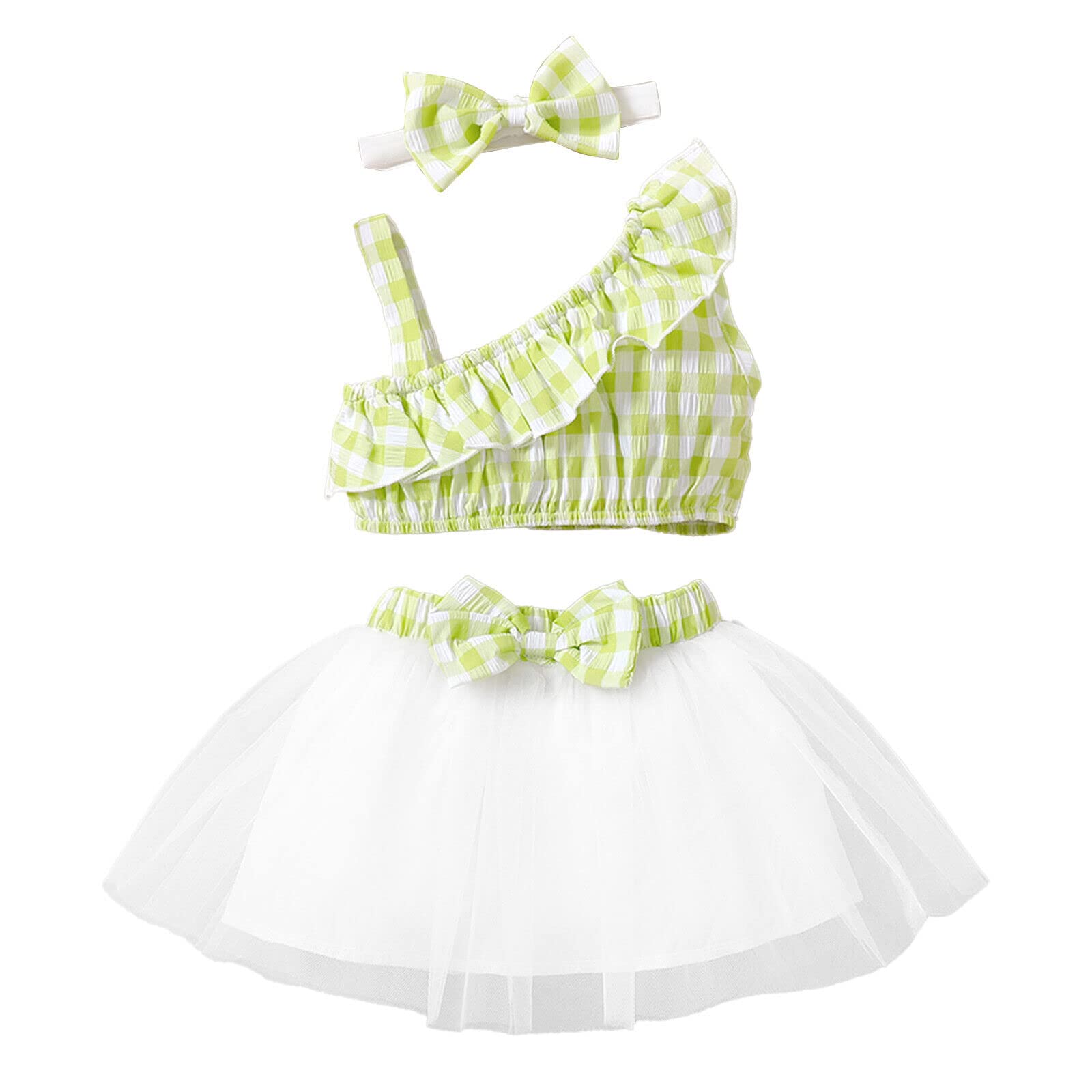 OMLIBaby Girls Check Printed One Shoulder Sleeveless Midi Top & Skirt with Bow Green