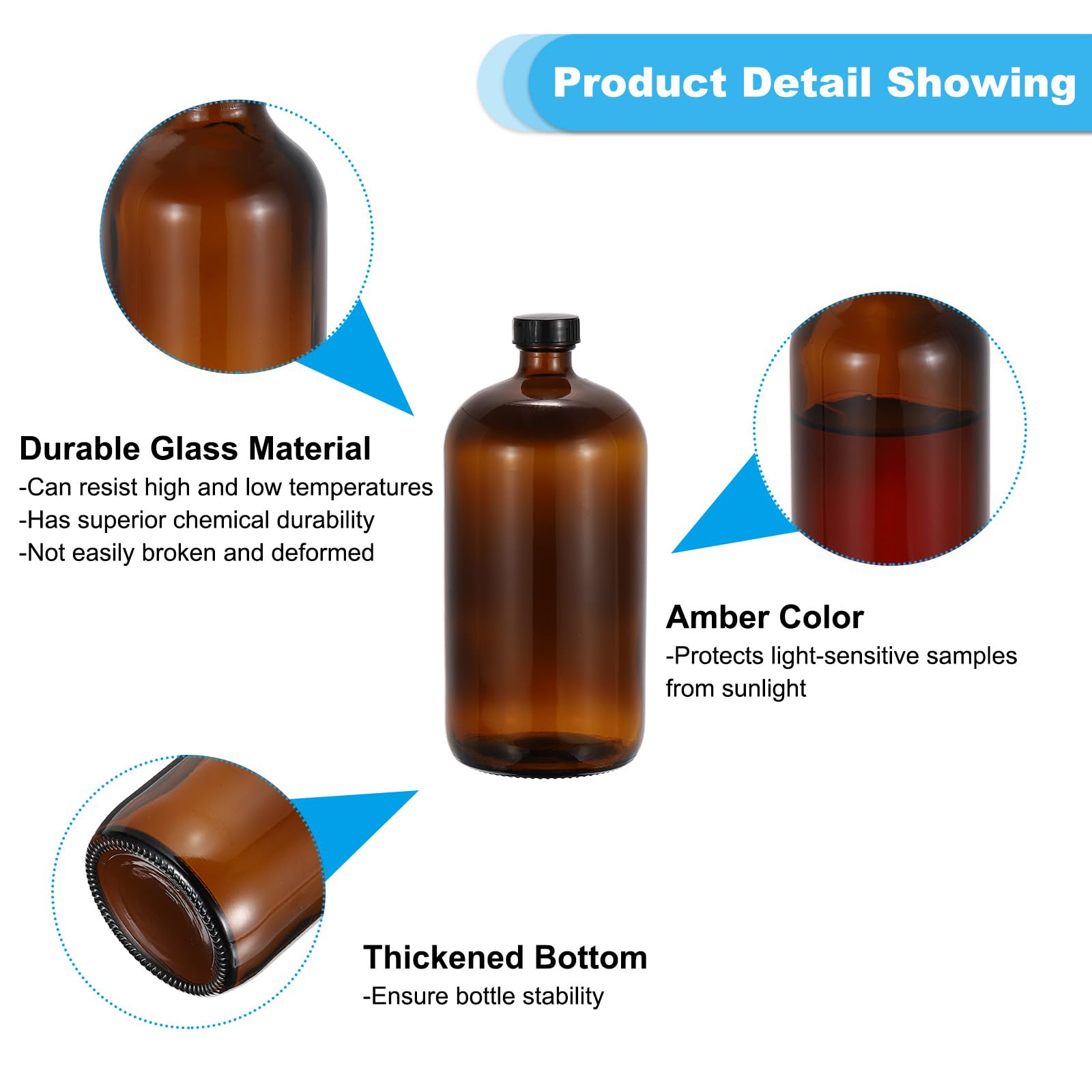 PATIKIL Frascos De Muestras De Vidrio De 33oz/1000ml, 4Pcs Frascos Redondos Con Tapa Negra De Poliéster, 4Pcs Etiquetas Para Líquidos Reactivos, Aceites Esenciales, Perfume, Ámbar.