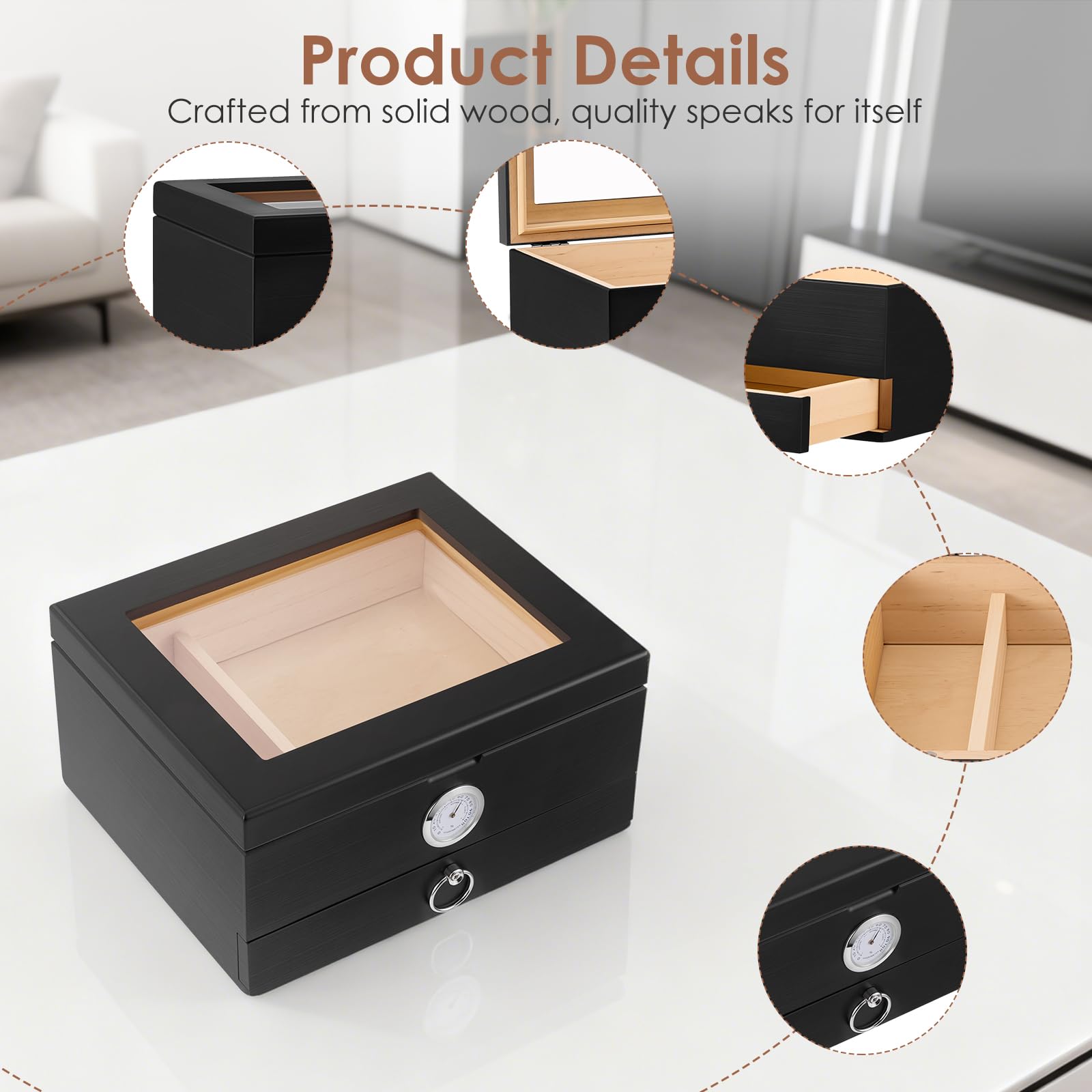 Umidificatore per sigari con coperchio in vetro in legno di cedro, da scrivania con igrometro digitale e accessori cassetto – Conservazione per 20-35 sigari, regalo per gli amanti dei sigari
