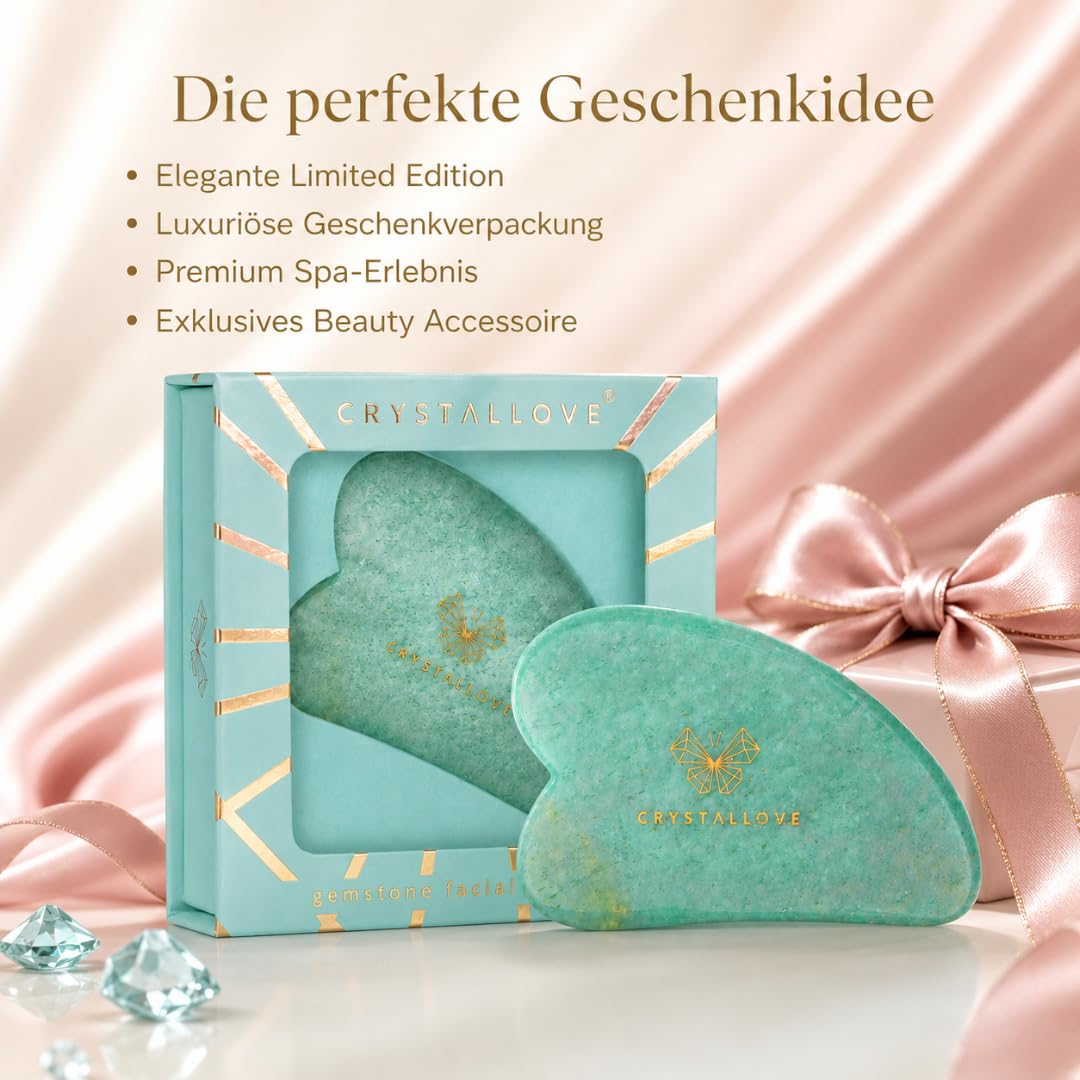CRYSTALLOVE Gua Sha Stein aus Amazonit – Gesichtsmassage Tool Limited Edition – Gua Sha für Gesicht, Hals & Dekolleté – Lymphdrainage & Anti Aging Beauty Tool