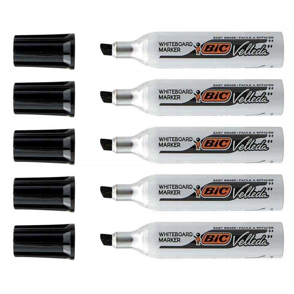 VELLEDA Lot de 5 Feutres tableau blanc effaçable à sec 1781 Pte Biseau Large Corps Métal Noir