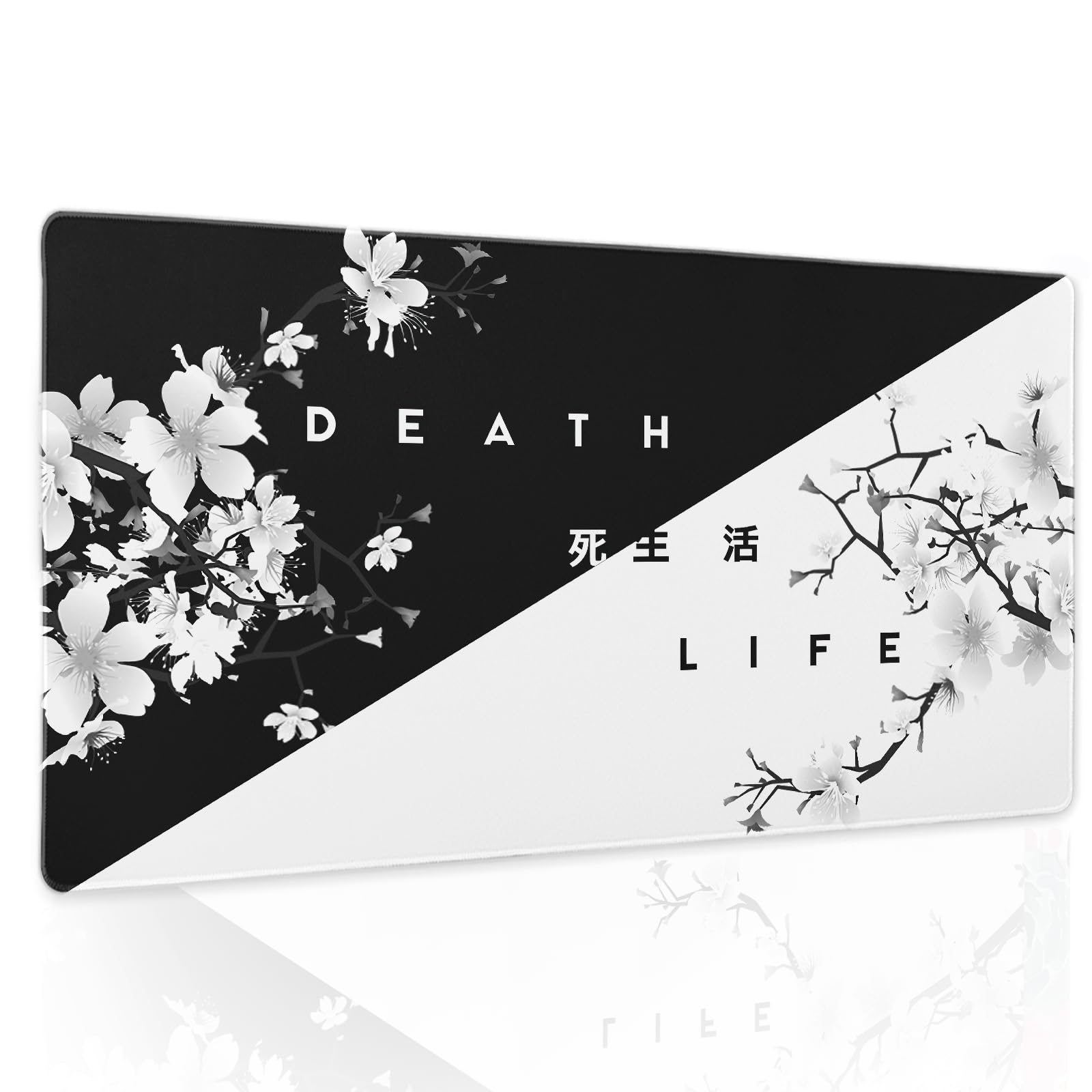 aportt Black White Cherry Blossom Mouse Pad Large Japanese Sakura Death Life Desk Mat 60x35 cm Non-Slip Rubber Base Stitched Edge Large XL Playmat for Gaming Laptop Computer PC Desktop,24x14 Inch