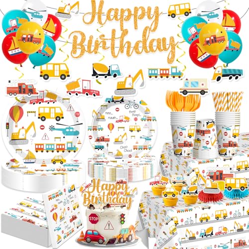 213Pcs Transportation Birthday Decorations Serves 25 Guests Cars Birthday Decorations Include Banner Plates Tablecloth and Balloons Truck Party Supplies for Boy