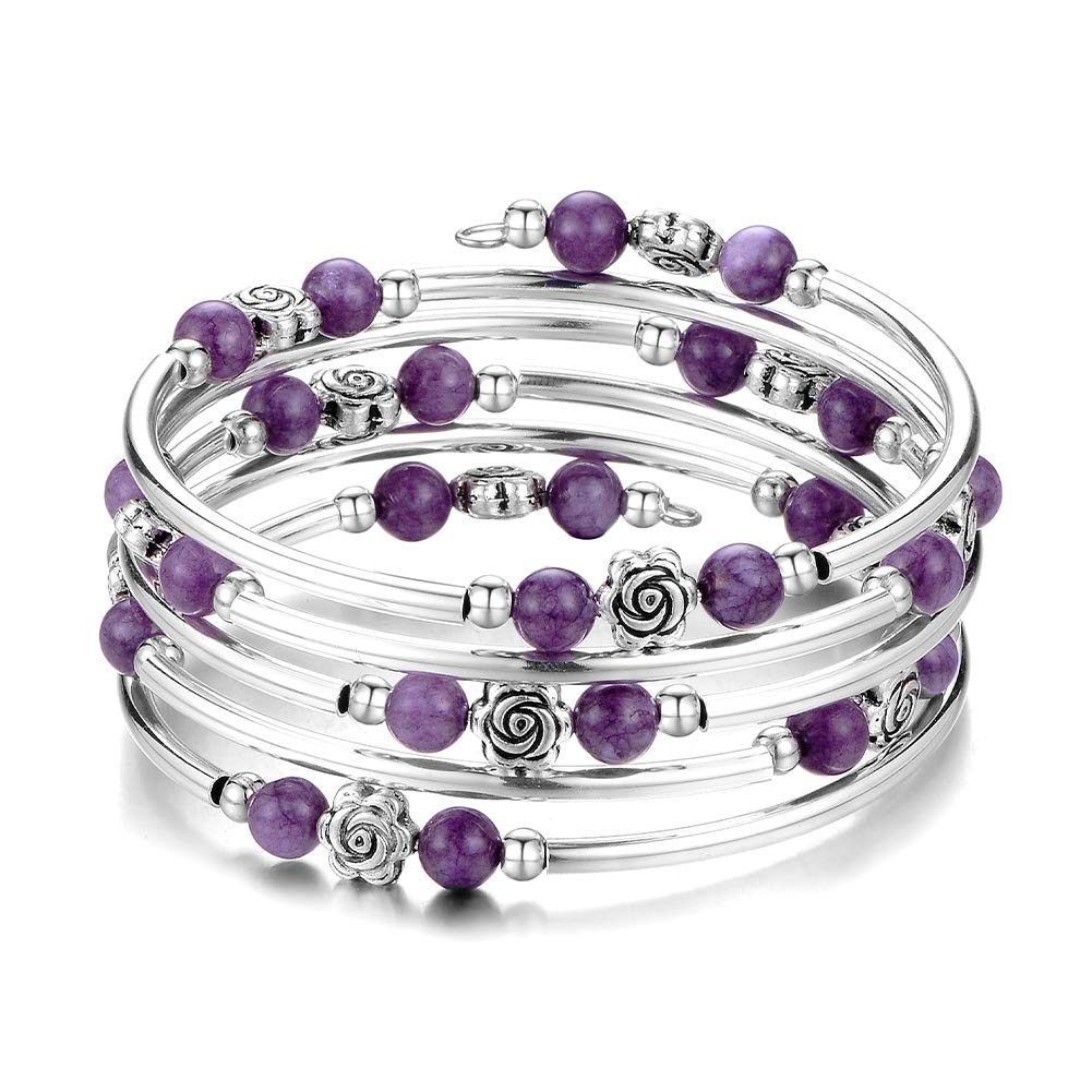 BULINLIN Wrap Bangle Rose Bead Bracelet - Beaded Bracelet with Natural Agate Stone Gifts For Women