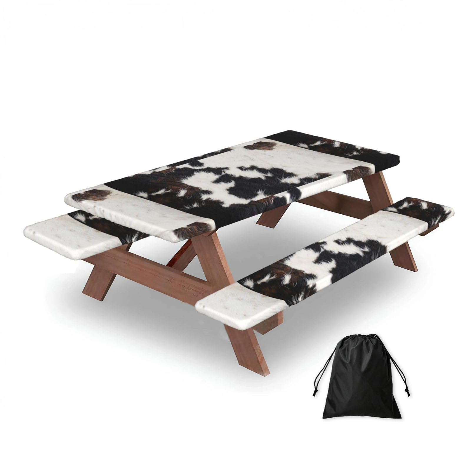 Dopklna As Picture Brown Cowhide, Picnic Table Cover With Bench Covers -Waterproof Elastic Fitted Tablecloth For Garden Camping Patio 76X152cm