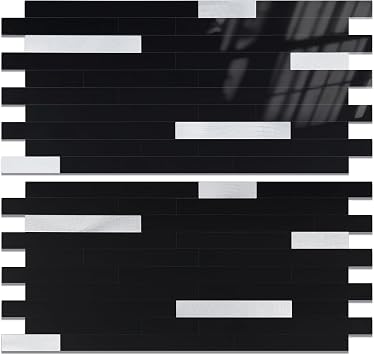 Yipscazo 20 Sheets Peel and Stick Stone Metal Backsplash, PVC Wall Tiles Stick on Tiles for Backsplash Kitchen, Bathroom, Fireplace 6 X 12, Black