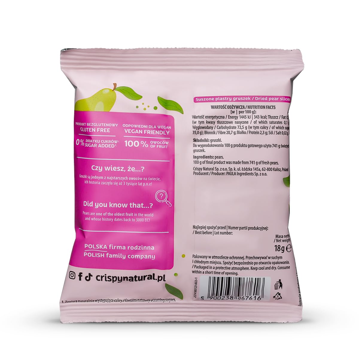 Crispy Natural Peras Chips 24x18G Chips de Frutas Deshidratadas Naturalmente Crujientes y Saludables Sin Azúcares Añadidos Fuente de Fibra Pequeños Bocados Sin Gluten