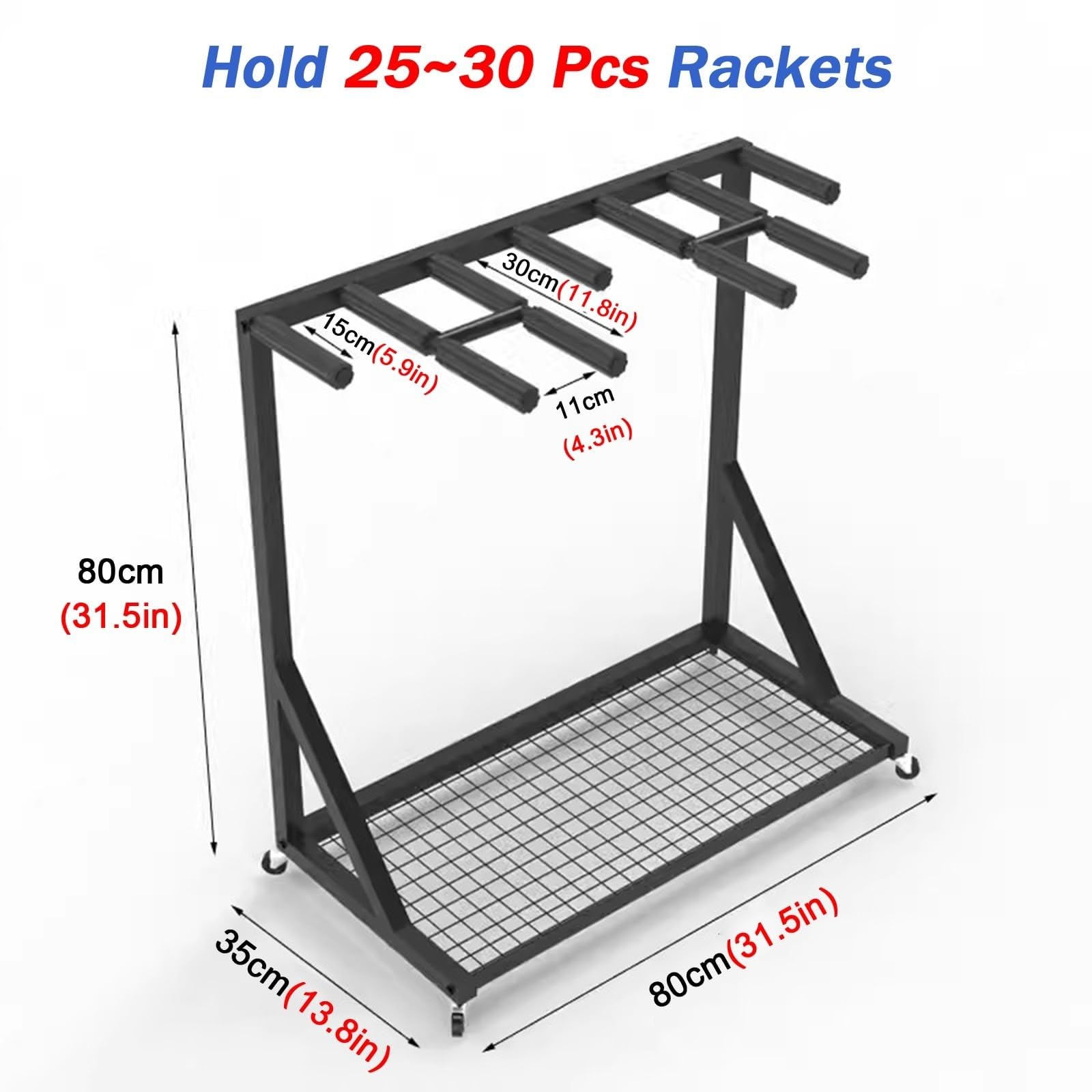 Mobile Badminton Racket Display Storage Rack, Commercial Racket Display Stand 25~30 Pcs Kids Adult Tennis Racquets Organizer Cart Black Steel Frame, for Gym/School/Retail Store, Saving Space