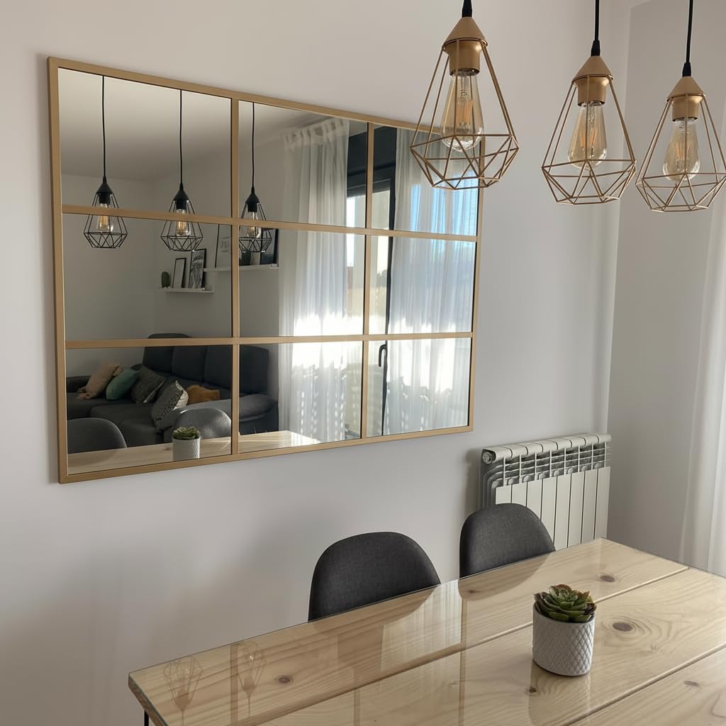 THEROSE Espejo Ventana Dorado, Espejo Industrial, Aluminio Oro, 120 x 80 cm