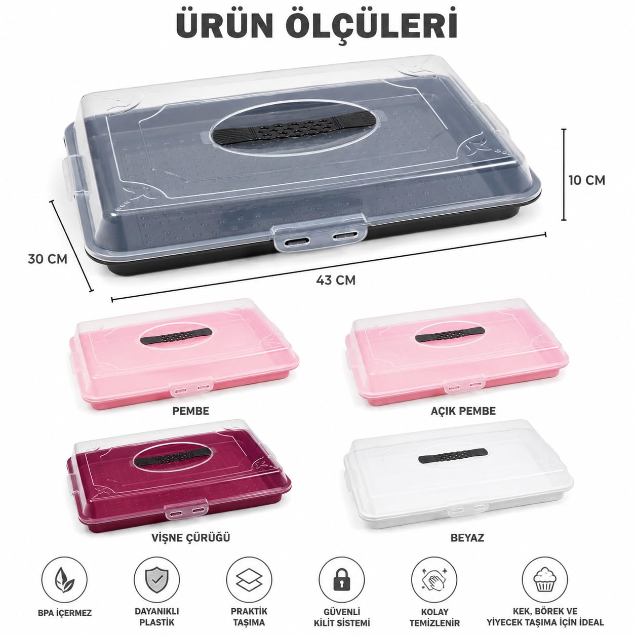 Borcam Taşıma Kabı, Şeffaf Kapaklı, Kilitli, 43x30x10 cm, Kek, Börek ve Pasta Taşımaya Uygun