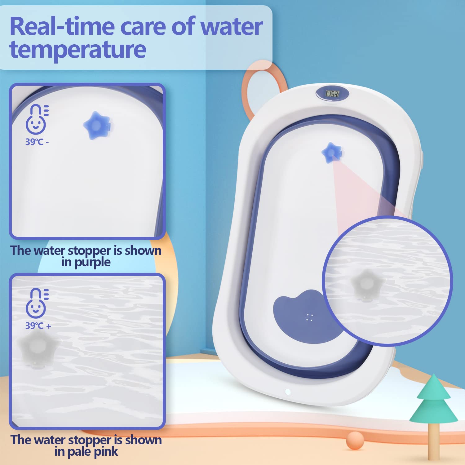 Ansobea Vasca da bagno pieghevole da 50 l, con supporto anti sostegno, con misurazione della temperatura in tempo reale, inserto per vasca da bagno per bambini, 0-6 anni, 80 x 49 x 21 cm, blu
