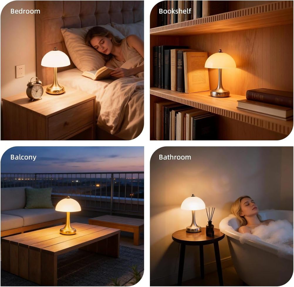LED Pilz Tischleuchte Gold Akku Dimmbare Tischlampe Touch Kabellos Nachttischlampe Ohne Kabel USB Aufladbar Pilz Lampe Tragbare Tisch Lampe mit Batterie für Drinnen Schlafzimmer Restaurant 2 Stück