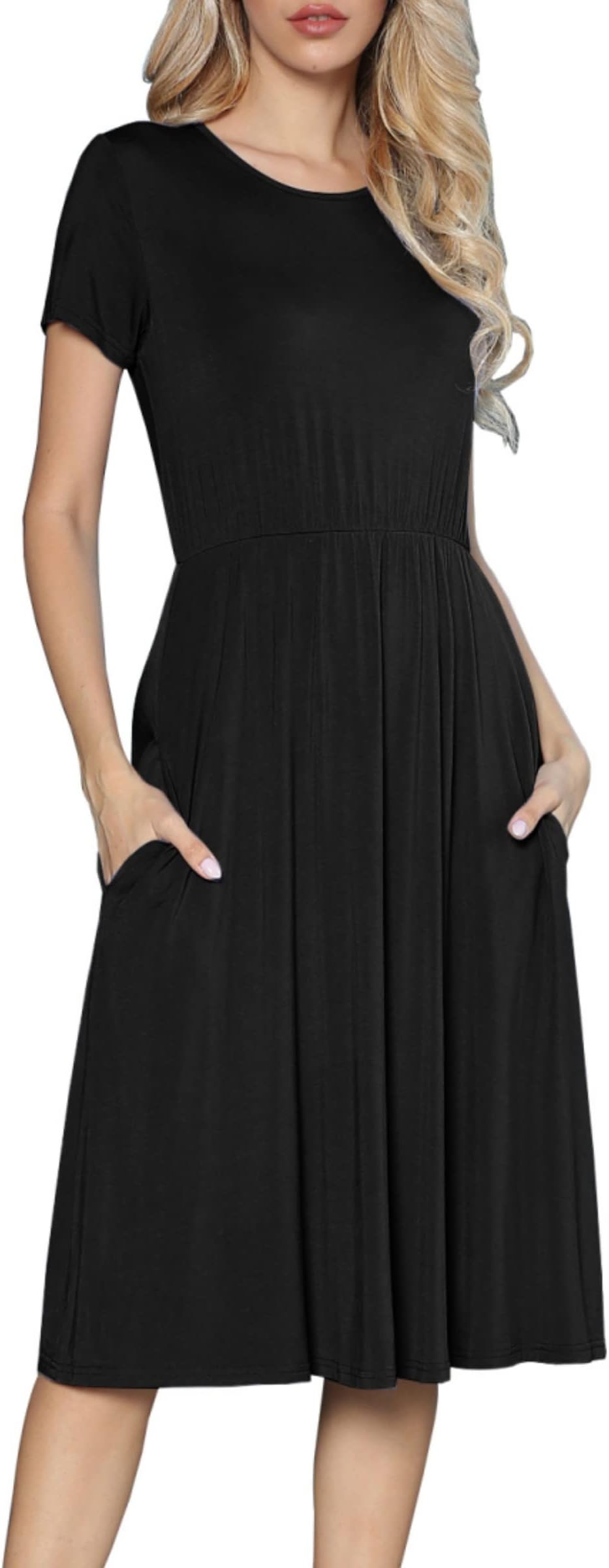 levaca Women's Casual Short Sleeve Striped Swing Midi Dress with Pockets