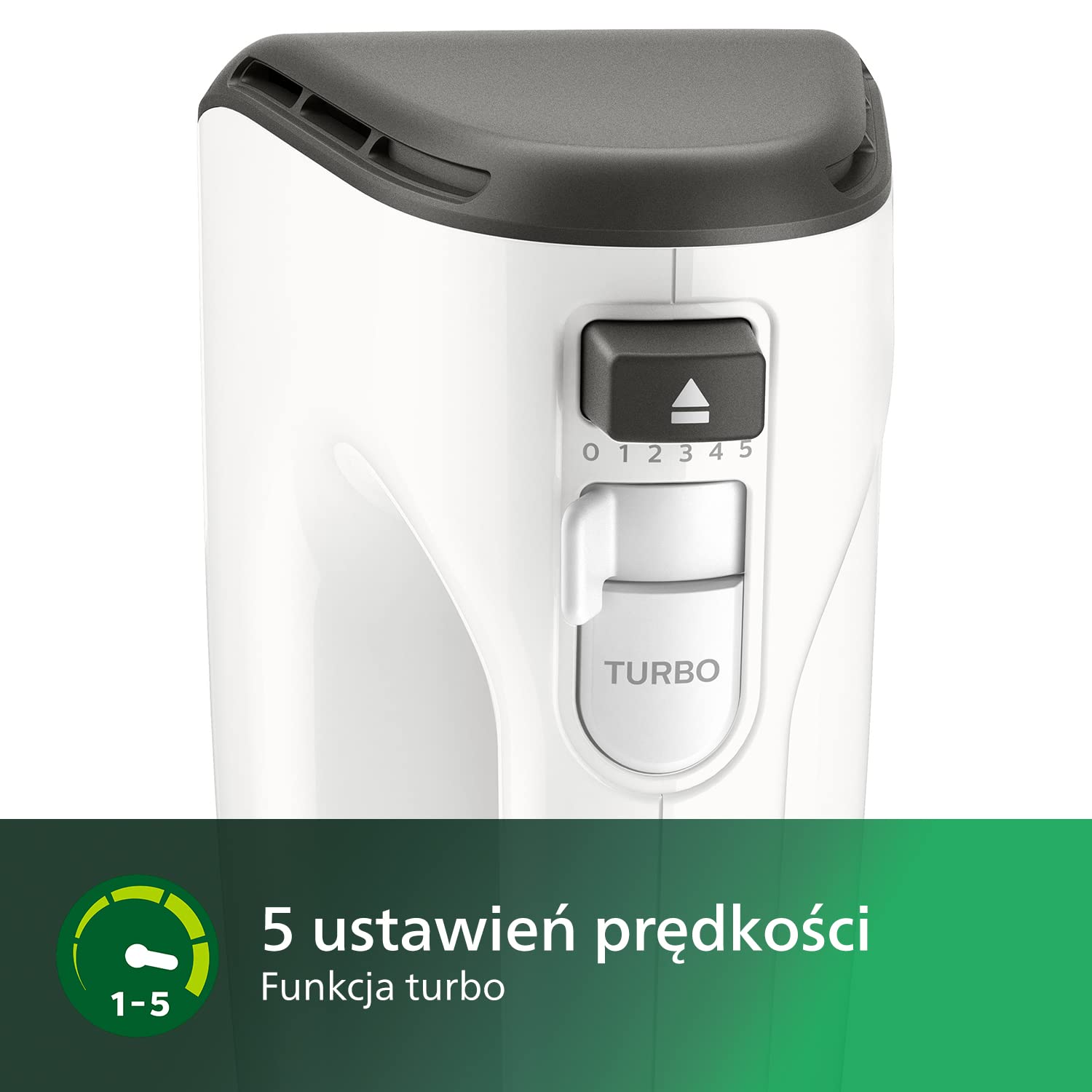 Philips Mikser Ręczny serii 5000, Moc 450 W, 5 Prędkości w tym Turbo, Skuteczne Miksowanie, Części Łatwe w Montażu, Trzepaczka ze stali nierdzewnej, Kolor Szaro-Biały (HR3741/00)