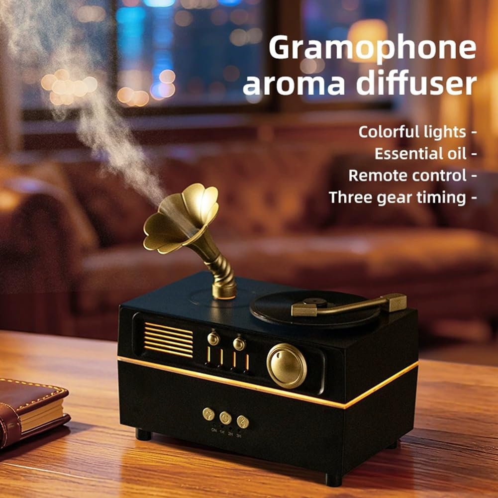 Humidificador Difusor de Aroma con Gramófono Retro Giratorio con Altavoz Bluetooth para Decoración del Hogar y la Oficina.