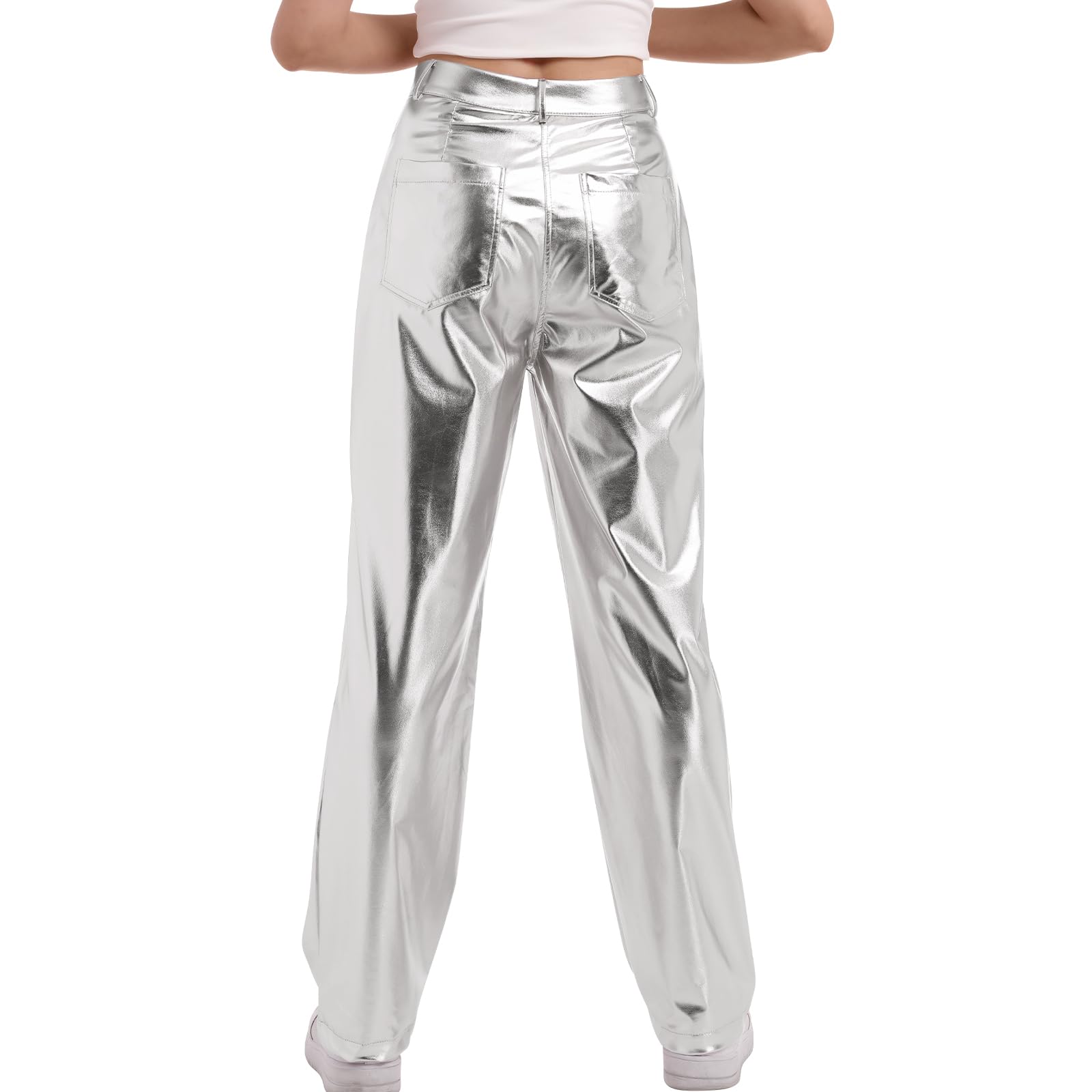 ODIZLI Pantalon holographique métallique brillant taille haute jambe droite en similicuir avec poches pour femme