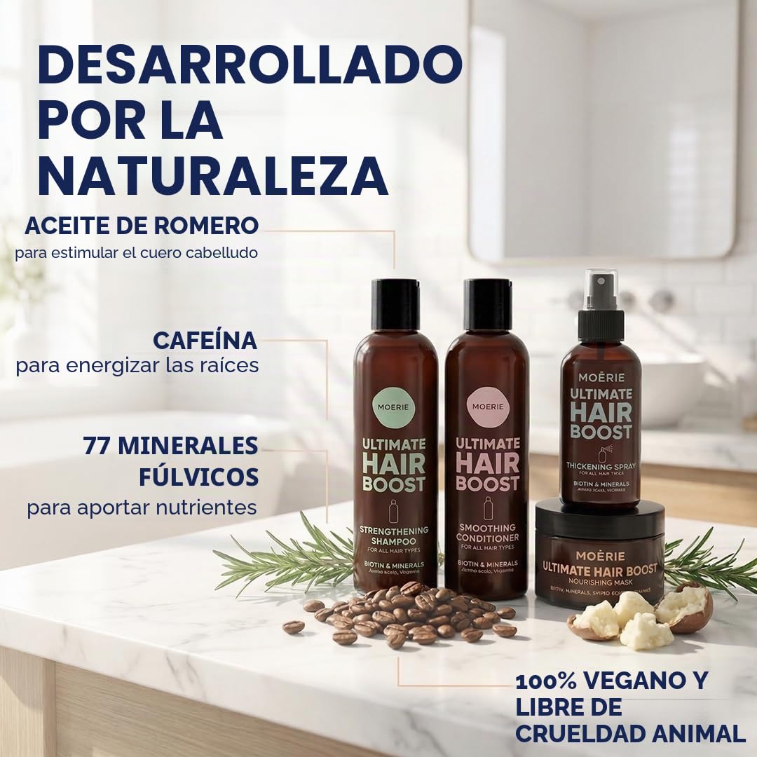 Moerie Set champu de cabello crecimiento y acondicionador pelo Plus mascarilla pelo y Spray – Cabello Más Largo, Más Fuerte –Voluminizadores para el Cabello – Sin Parabenos ni Silicona – 8 productos