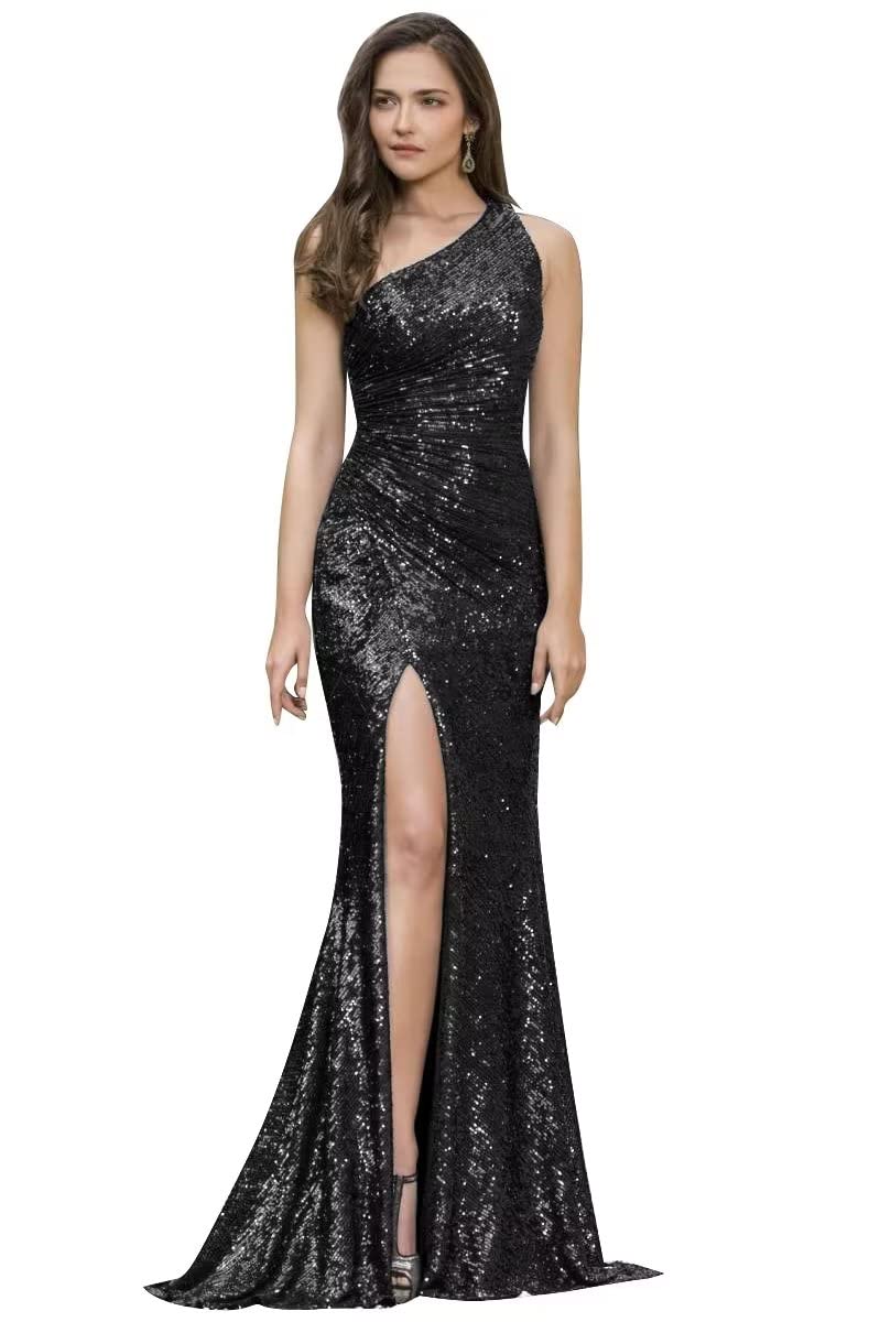 One Shoulder Mermaid Prom Dresses for Women Sequin Formal Evening Dresses with Slit