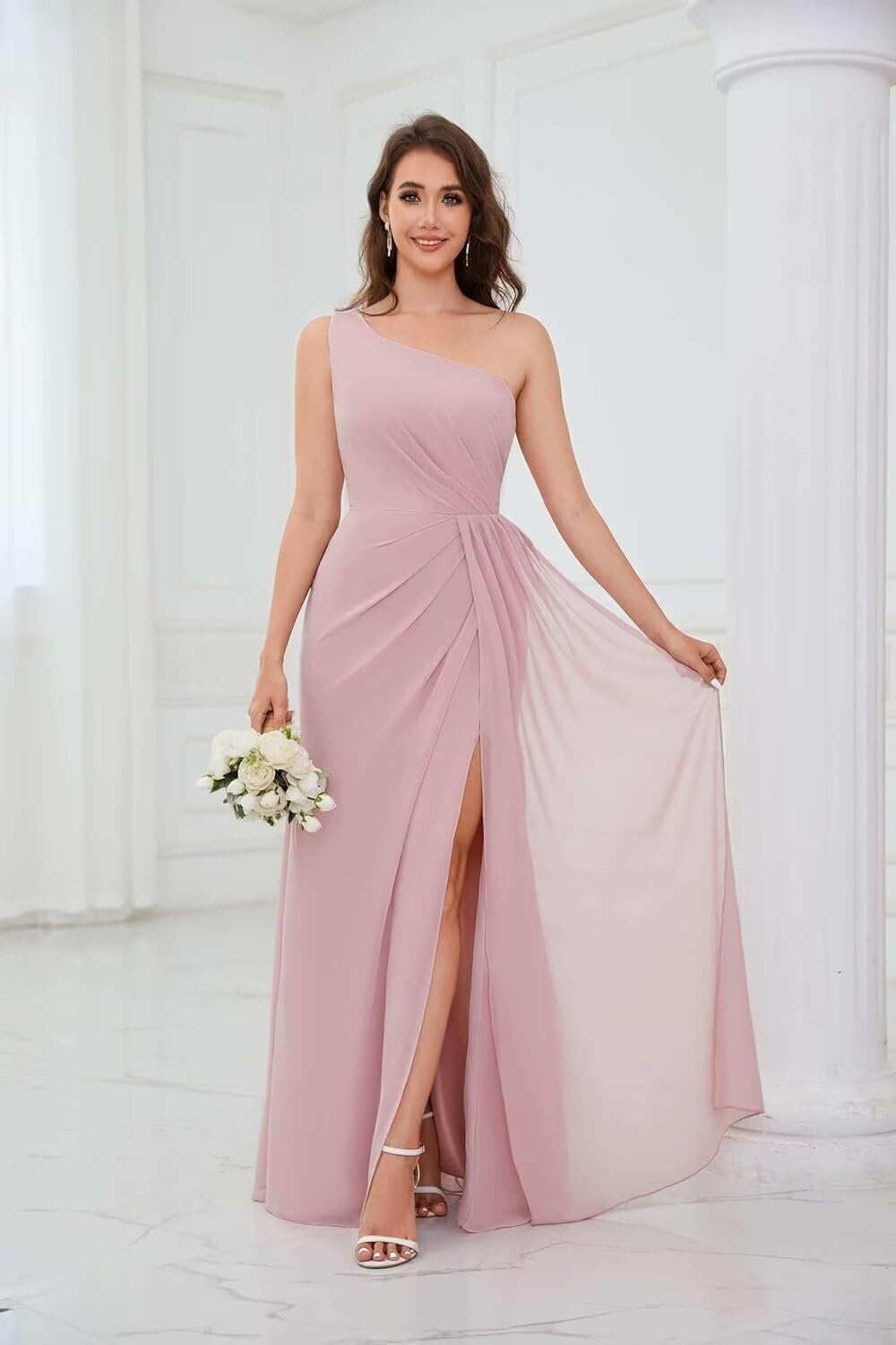 One Shoulder Chiffon Bridesmaid Dresses for Women with Slit Ruched Wedding Guest Dress A-Line Formal Evening Gown