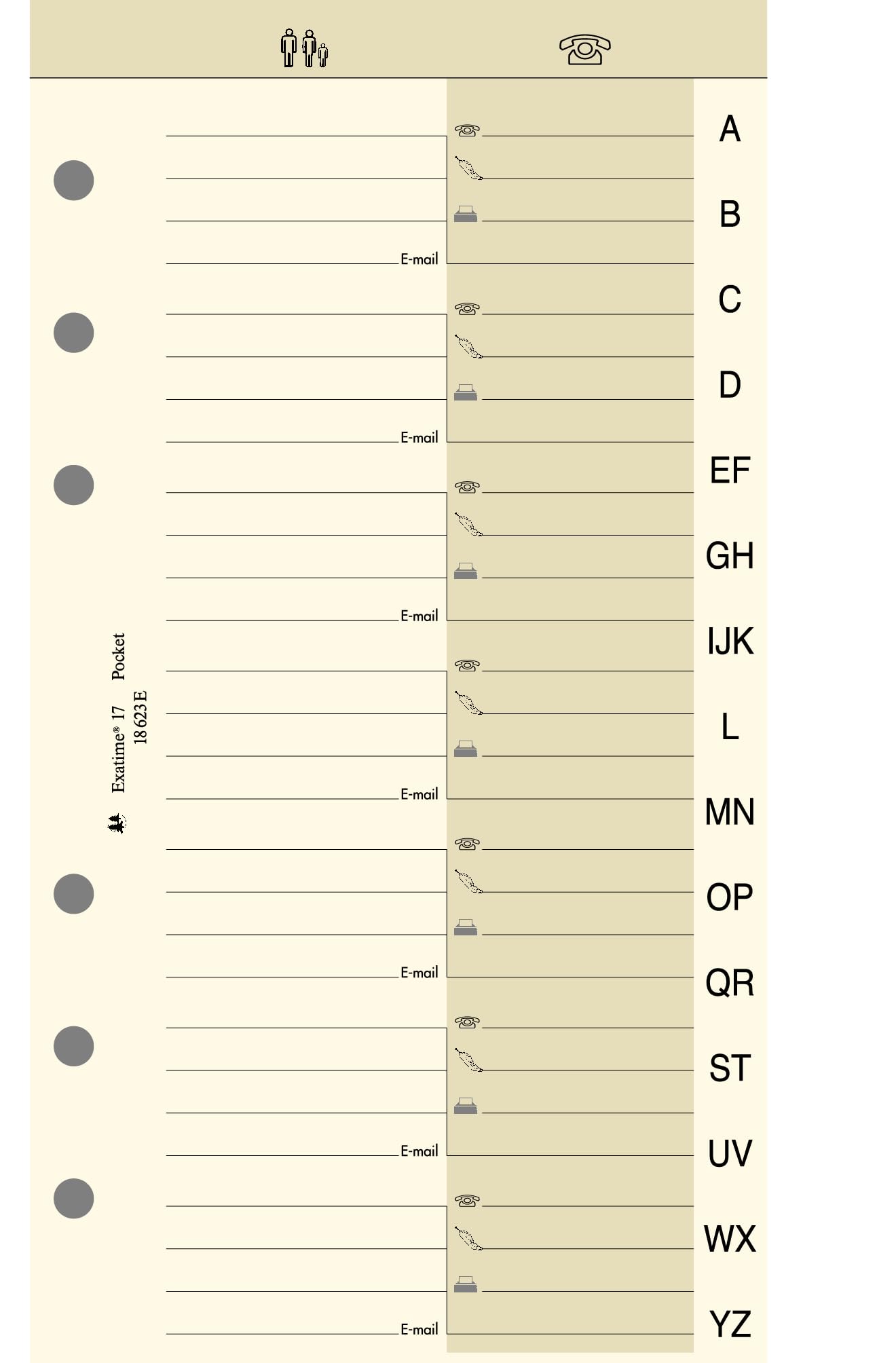 Exacompta 18623 Alphabetical A-Z Directory Refill for Exatime 17 Organiser 16 Sheets Ivory