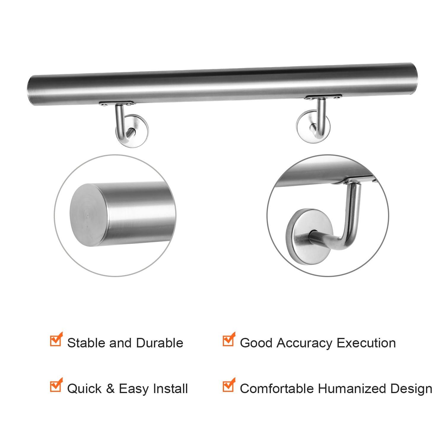 Pasamanos de acero inoxidable, pasamanos de 100 cm de largo, diámetro de 42 mm, para escaleras interiores y exteriores, incluye soporte de pared y tapas finales
