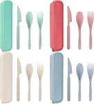 Nicunom 16 Pack Travel Utensils Set with Case, Reusable Wheat Straw Spoon Knife Fork Tableware, Portable Camping Cutlery Plastic Lunch Silverware Set Travel Picnic Utensil for Daily Use