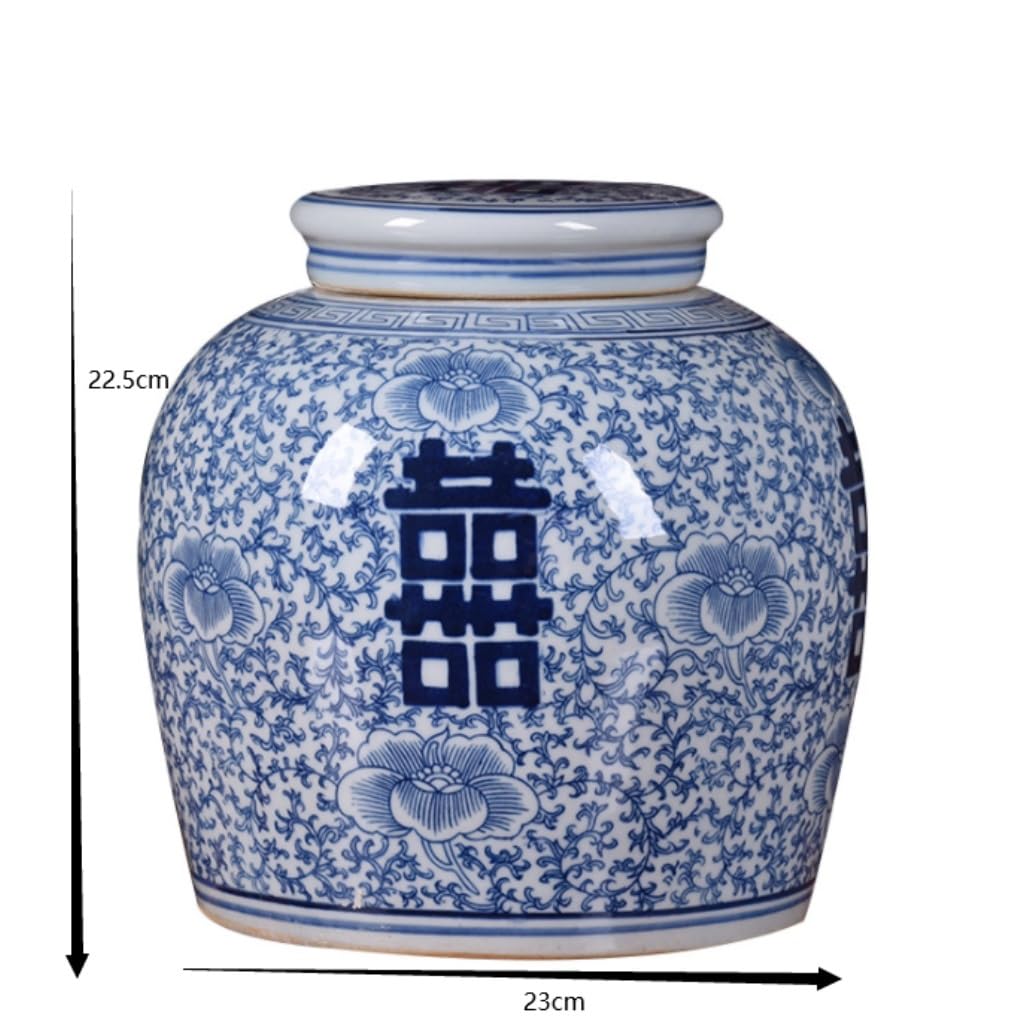 Ingwerglas Blaue Und Weiße Porzellan-dekorative Keramikknospenvase Double Happiness, Flache Oberseite Mit Deckel, Ingwerglas Tempelglas