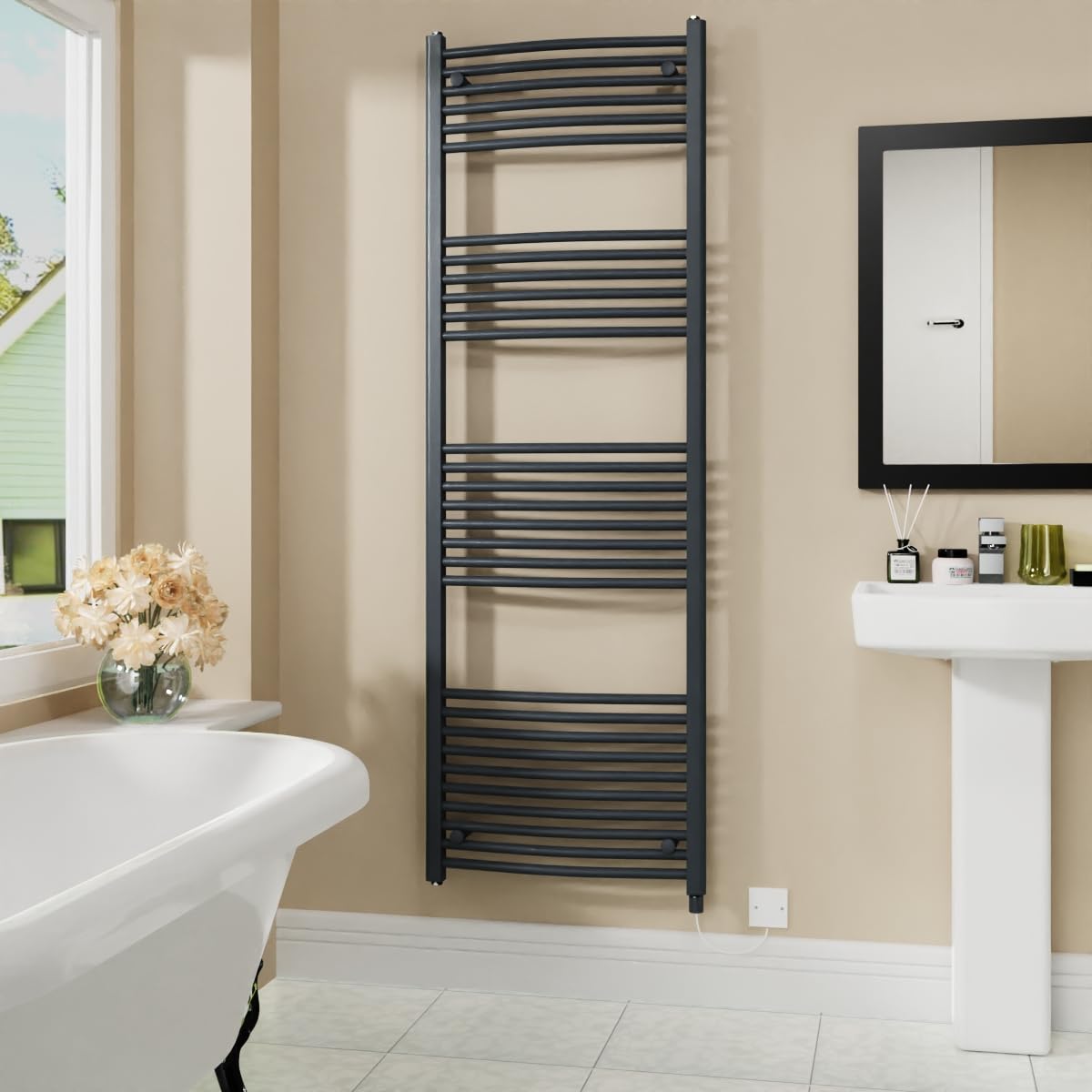 Warmehaus Anthracite Electric Heated Towel Rail Curved Bathroom Towel Radiator 1800X600mm - 800W