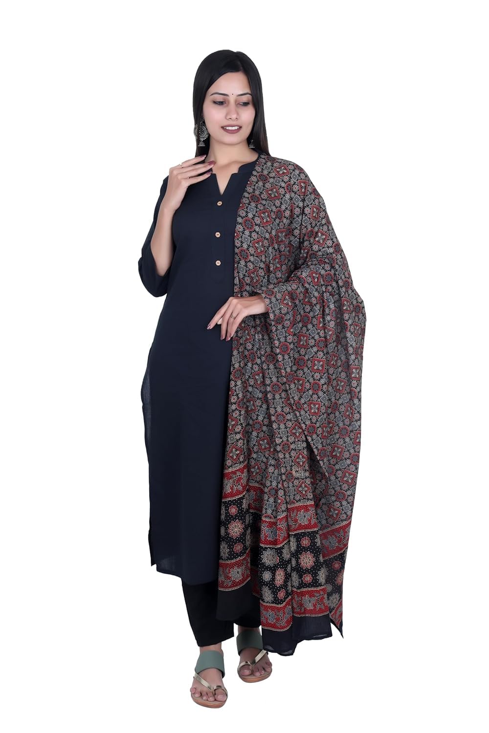 Women Pure Cotton Handblock Barfi Printed Full Length Ajrakh Dupatta (Rust - Black)-image-18