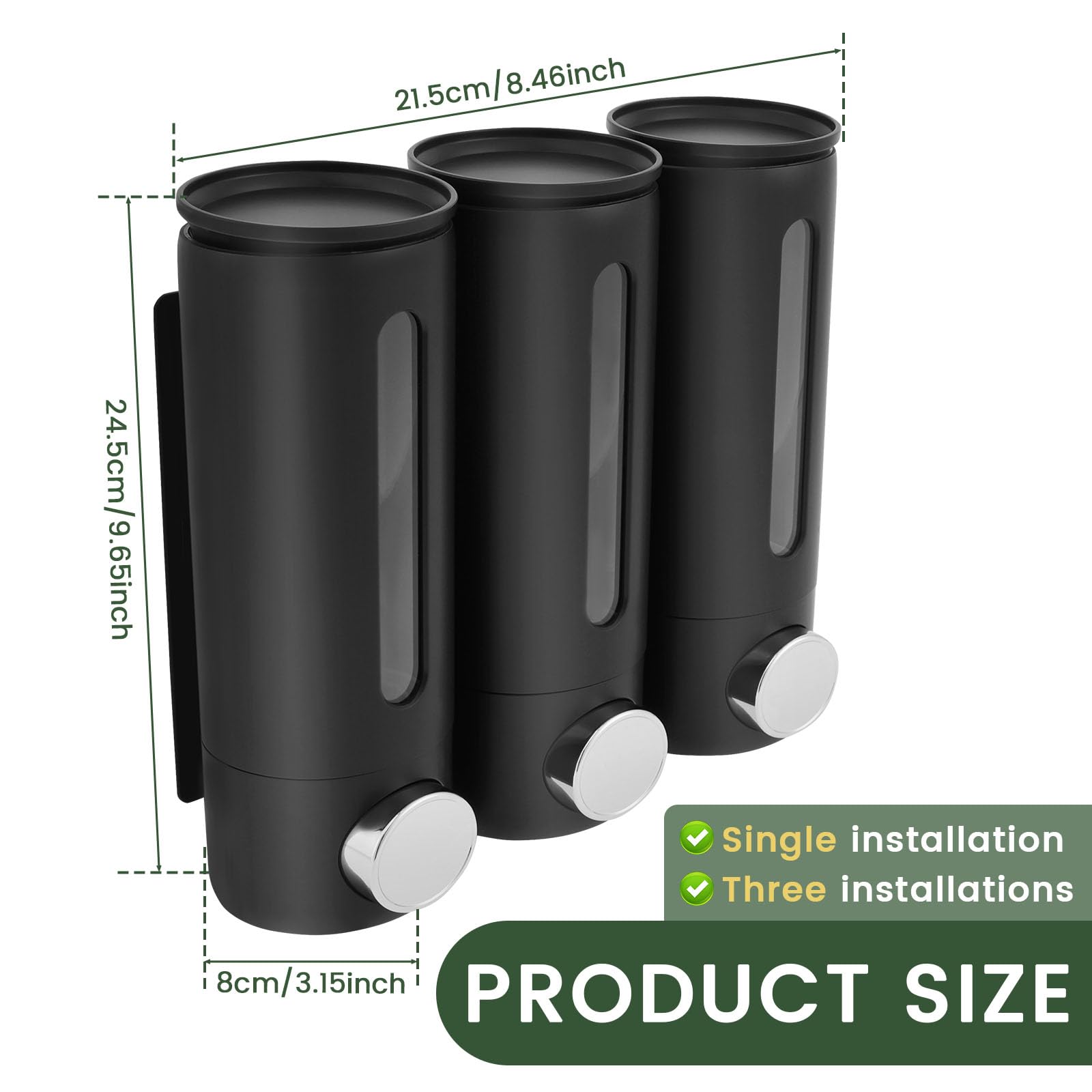 FALESOUL Shampoo and Conditioner Dispenser, Bathroom Shower Dispenser 3 Chamber No Drill Shampoo Dispenser, Bathroom Liquid Soap Pump Dispenser Set for Hotel Kitchen Home 3 * 500ML (Black)