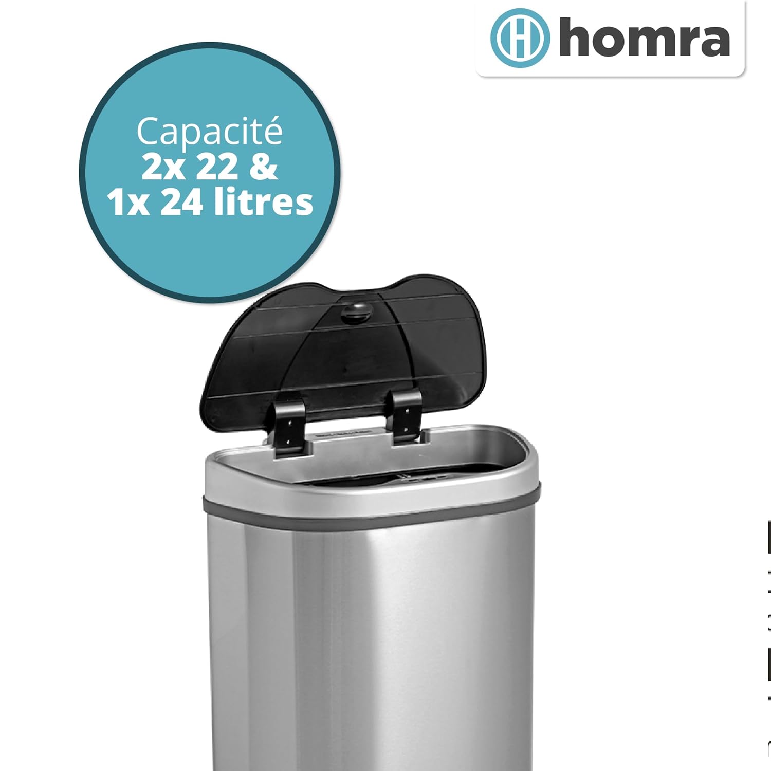 Homra Qubix bin showing capacity of 2x 22 liters and 1x 24 liters