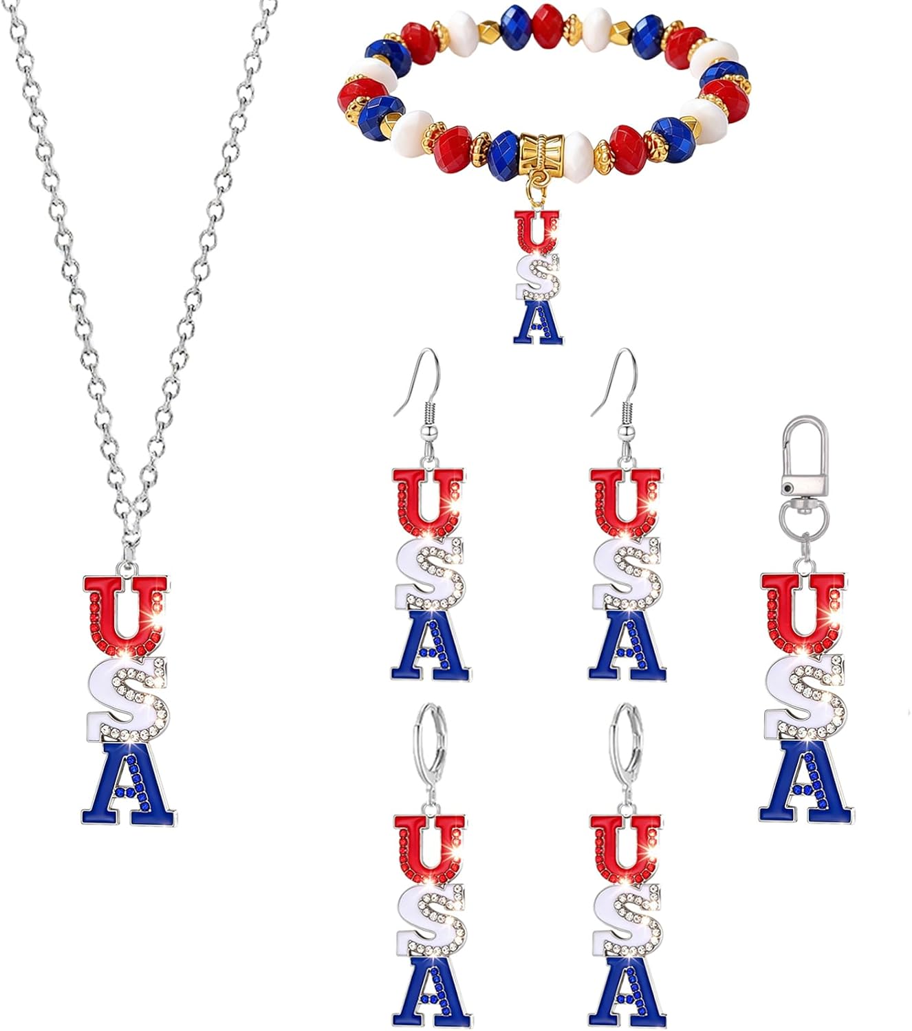 WCRAZYE 4th of July American Flag Necklace Earrings Set for Women Sparkly Patriotic Flag Heart Star White and Blue Earrings Bracelet Patriotic Independence Day Accessories
