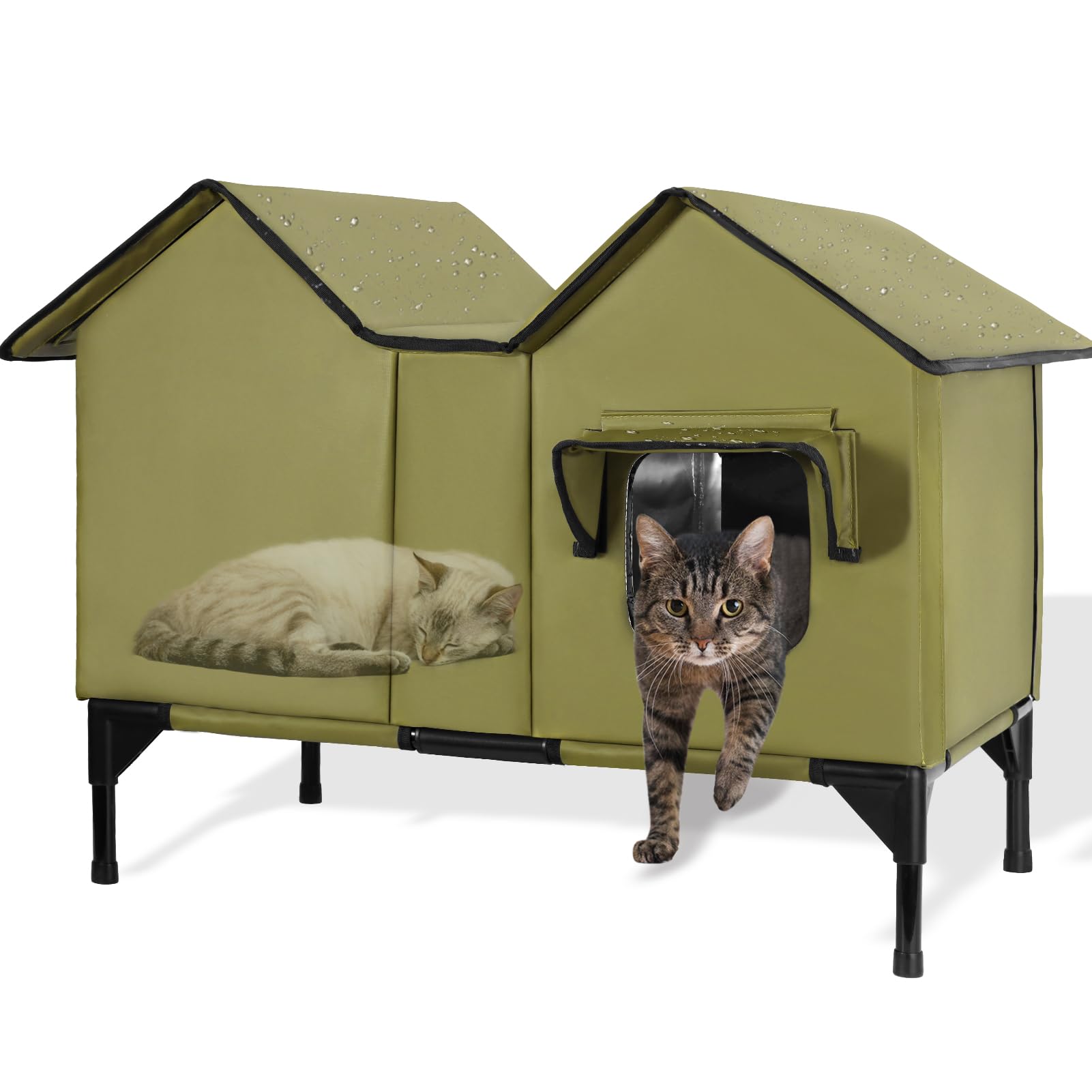 Extra Large Outdoor Cat House, Waterproof Insulated Cat Shelter, Pet House with Elevated Base and Cushion, Feral Cat Kennel for Multiple Cats and Small Dogs (Green)