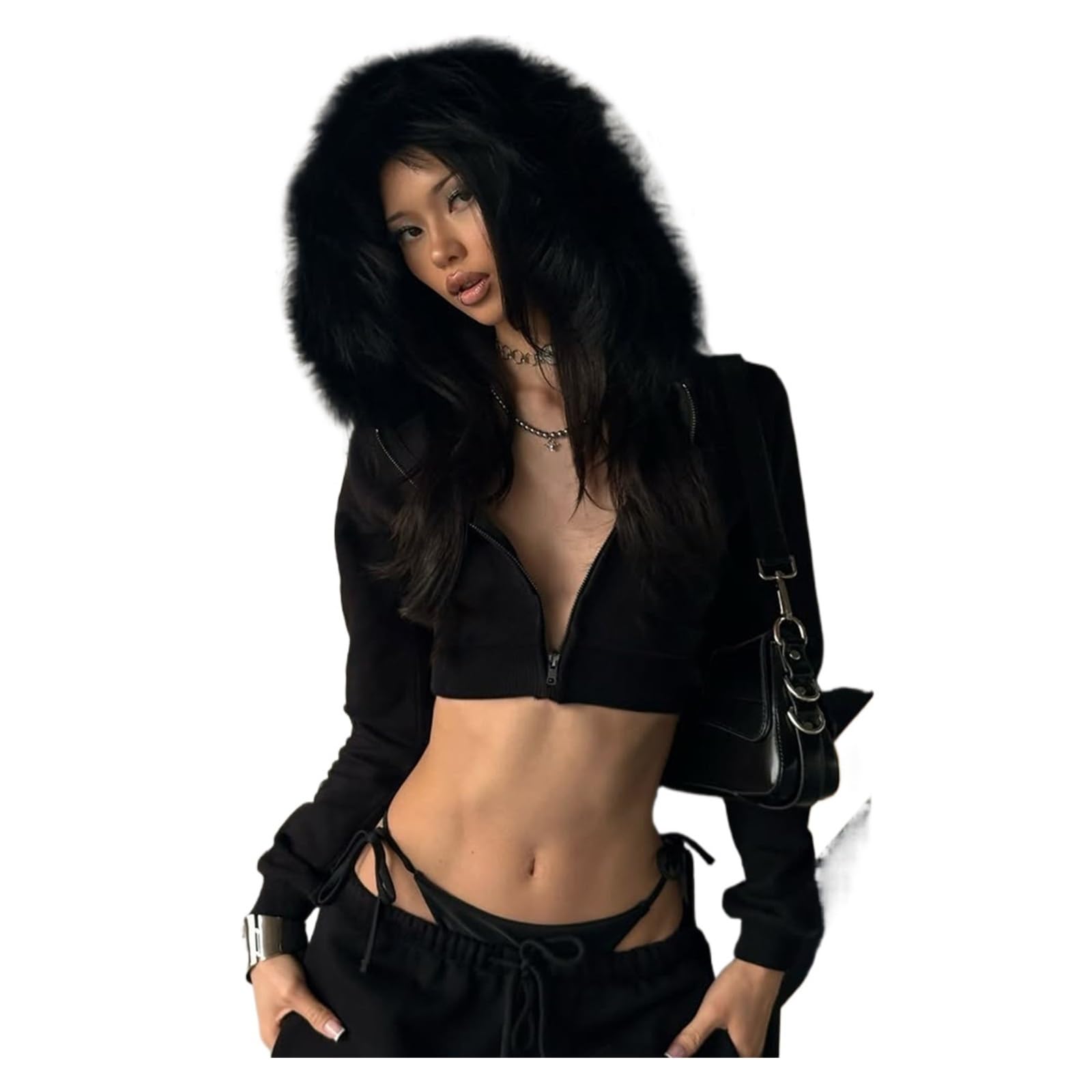 Veste Cardigan À Capuche Courte Taille Haute Y2K